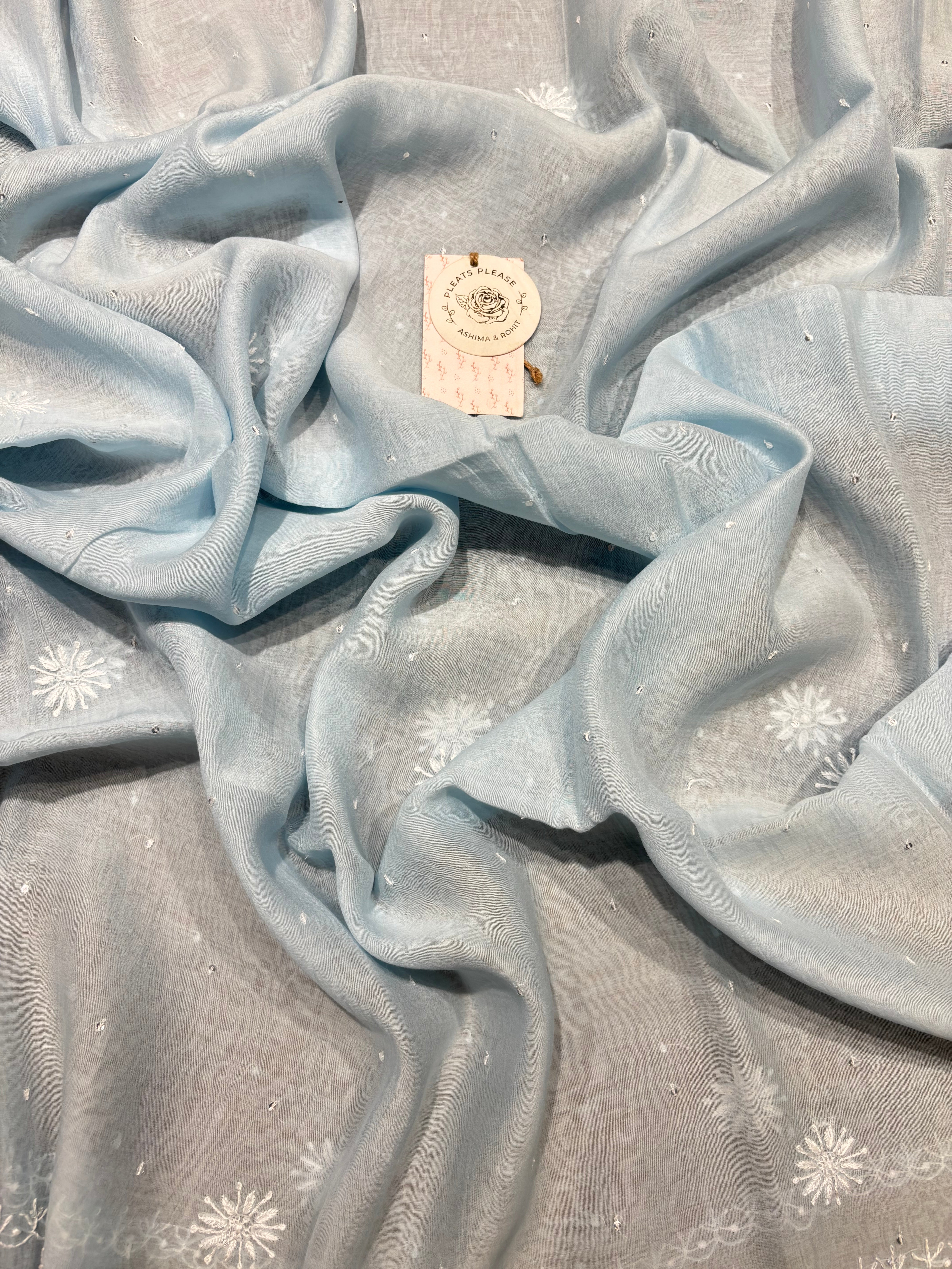 Powder blue chanderi  Mul Chikankari kurta and Dupatta Set