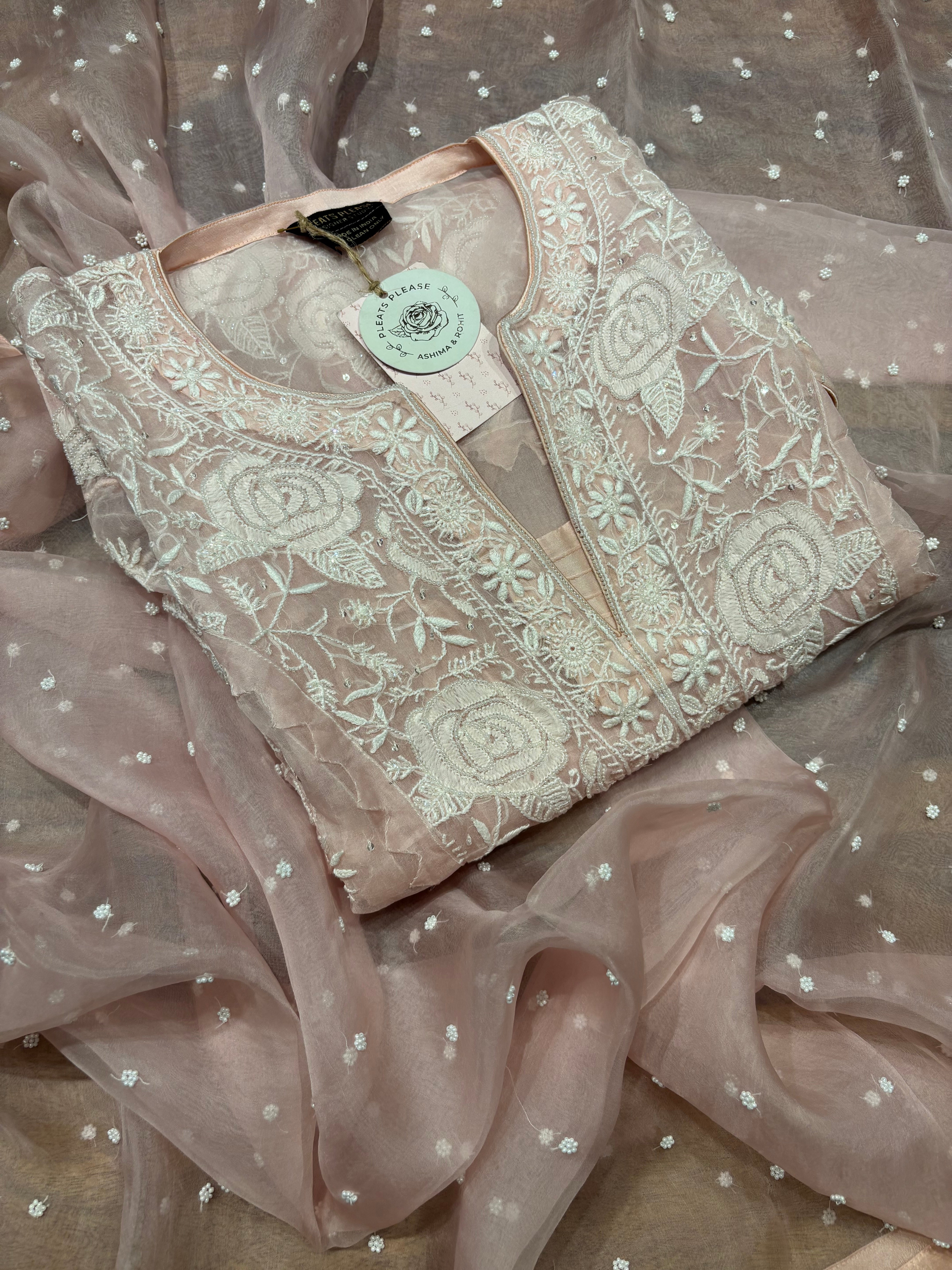 Soft Pink Pure & Premium Organza Chikankari Kurta & Dupatta Set