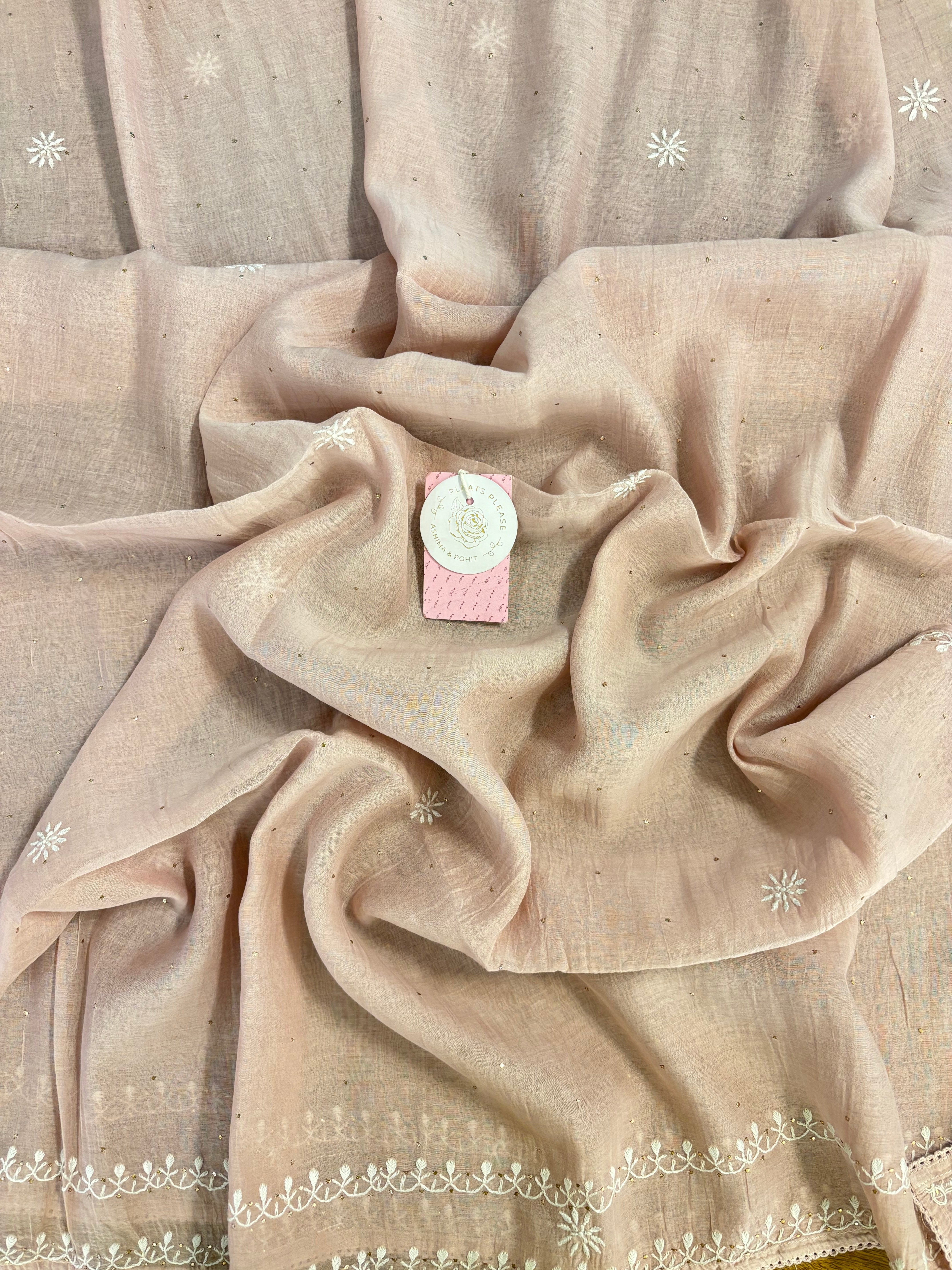 Peachy Rose Chanderi Mul Mukaish & Chikankari Kurta & Dupatta