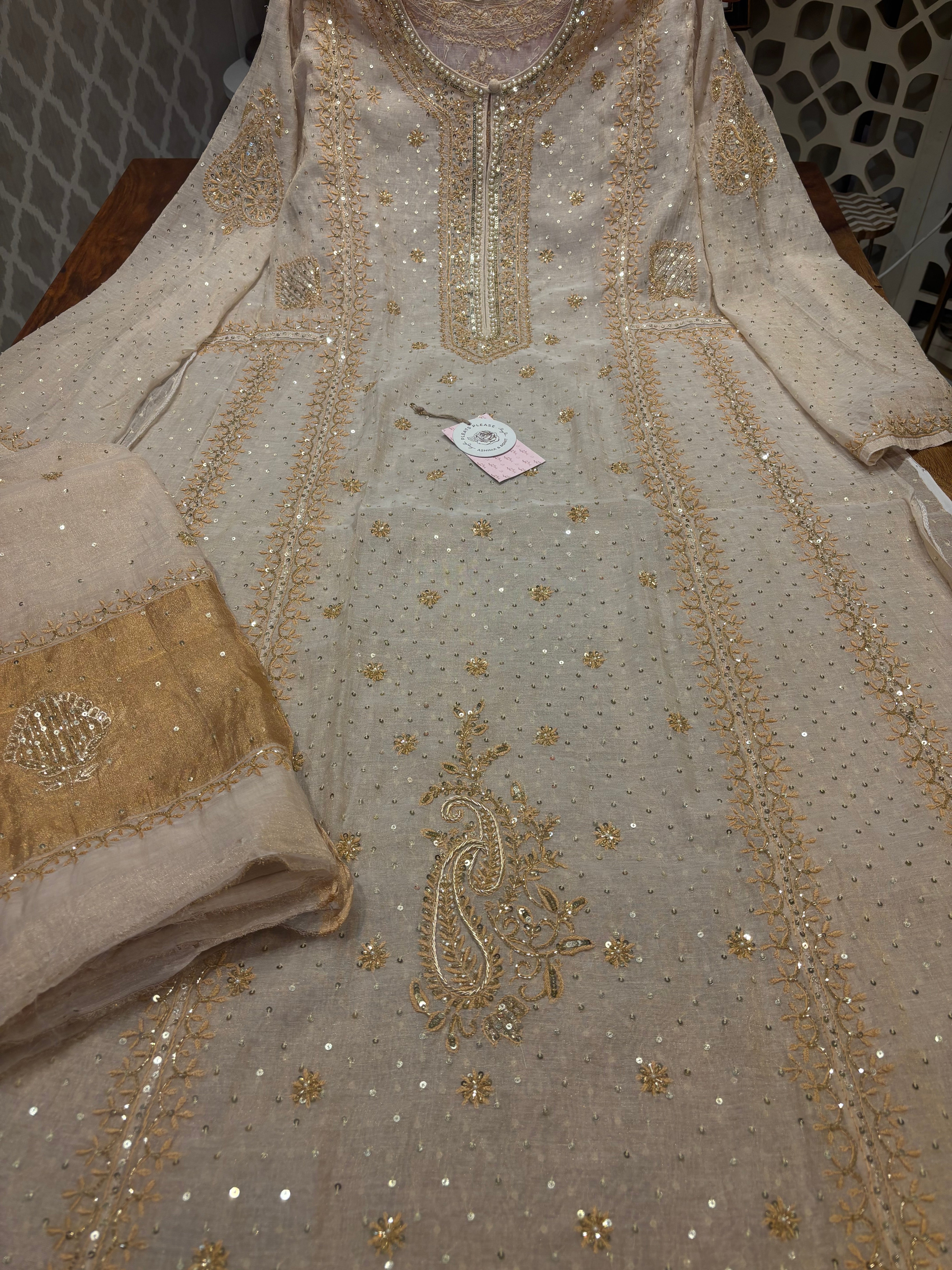 Dyeable Golden Pure Tissue Chikankari A line Anarkali and Dupatta Pearl Neckline