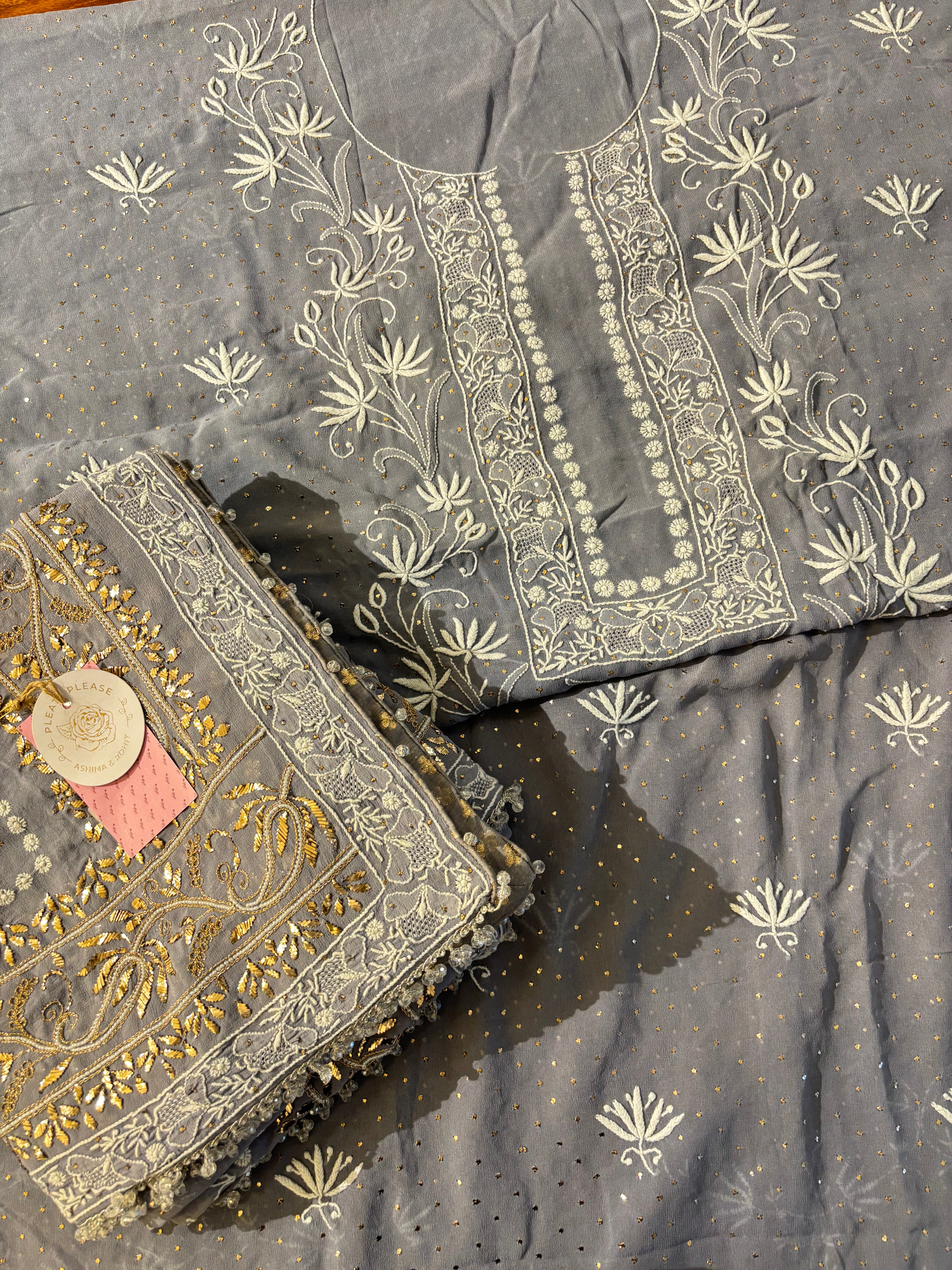 Greyish Powder Blue Pure Georgette Chikankari Mukaish Kurta & Dupatta