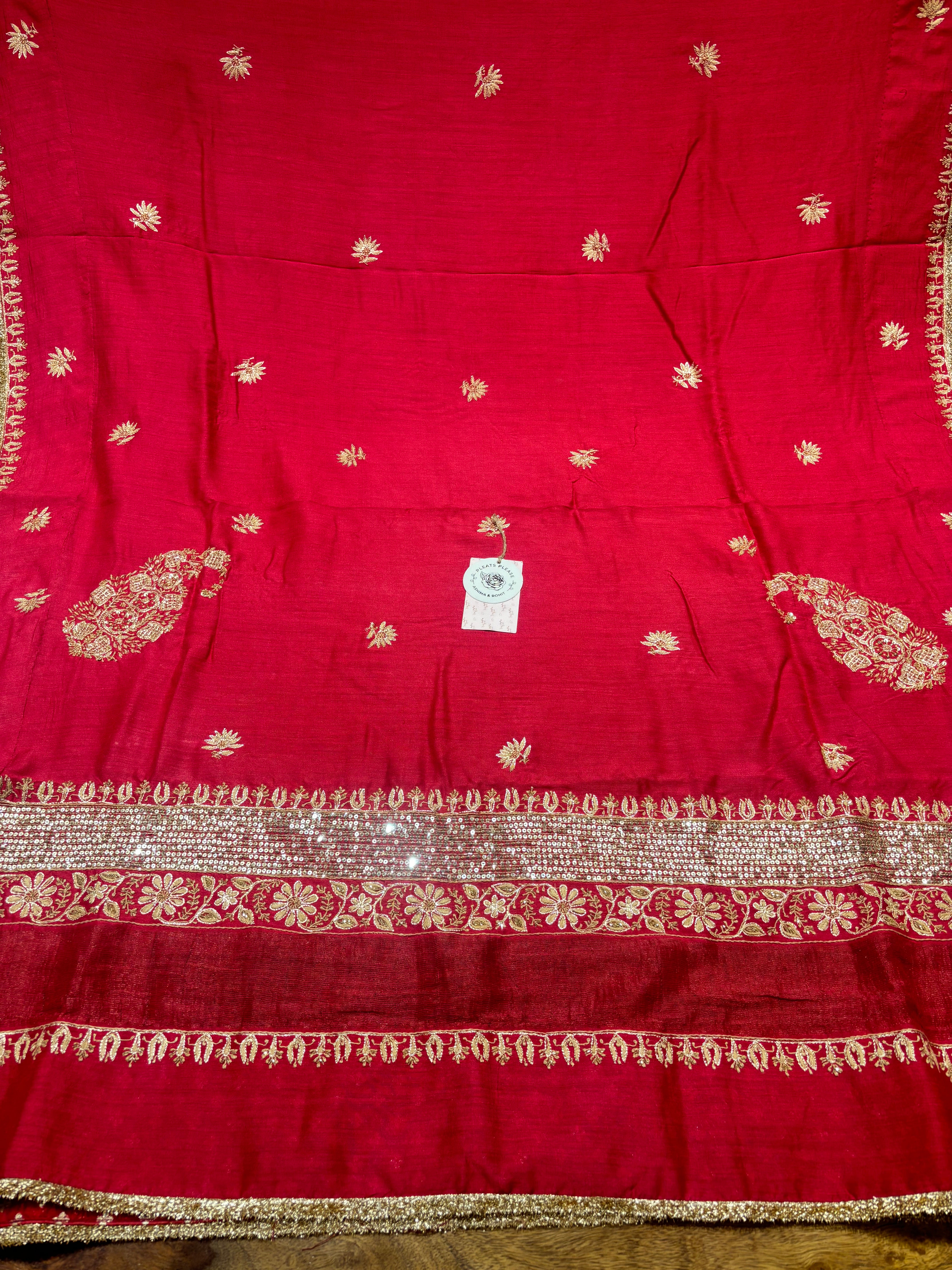 Red Monga Silk Chikankari A-line Anarkali & Dupatta Set