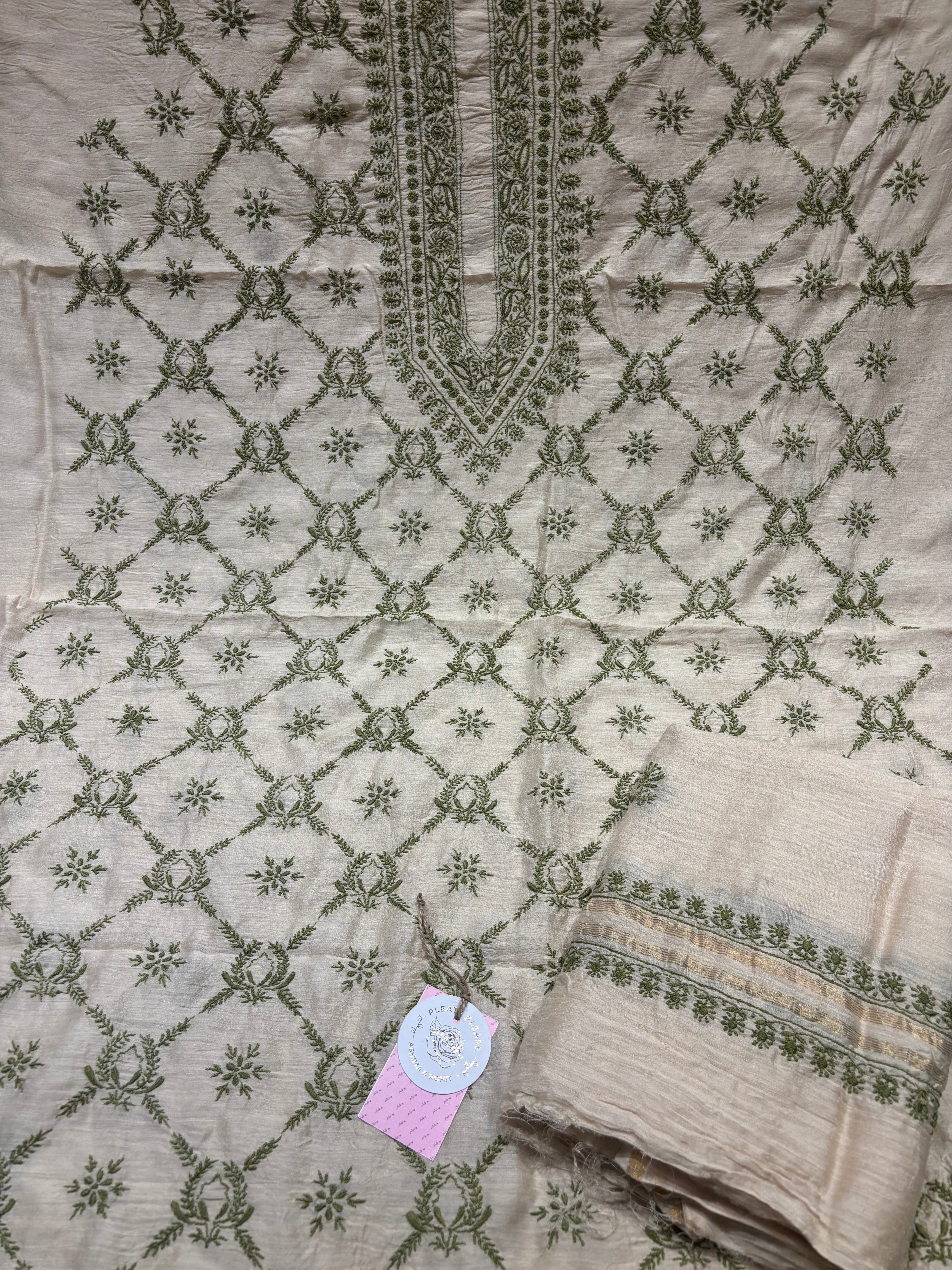 Dyeable Monga Silk Chikankari Kurta and Dupatta Fabric