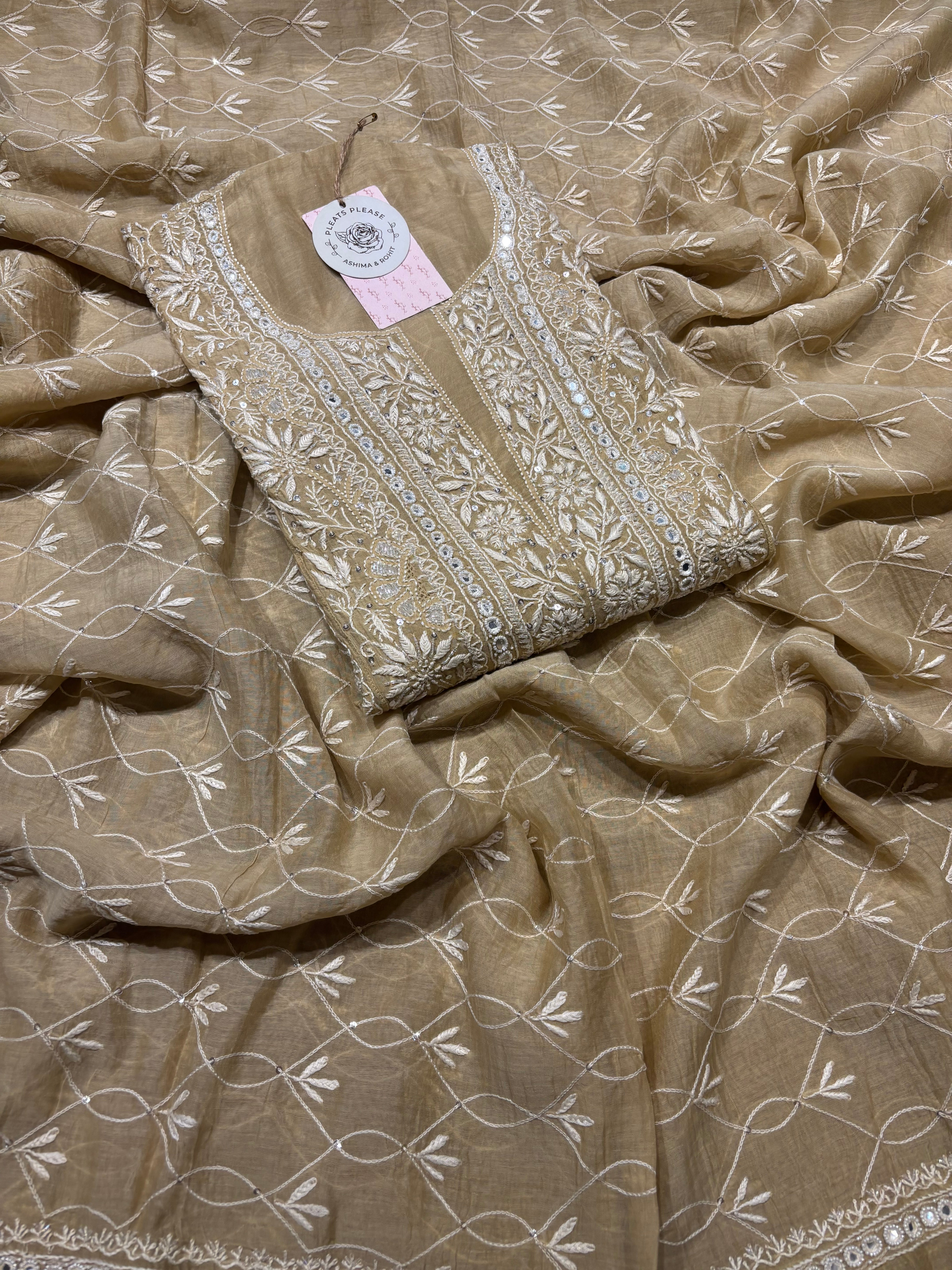Golden Chanderi Mul Chikankari Kurta and Dupatta set