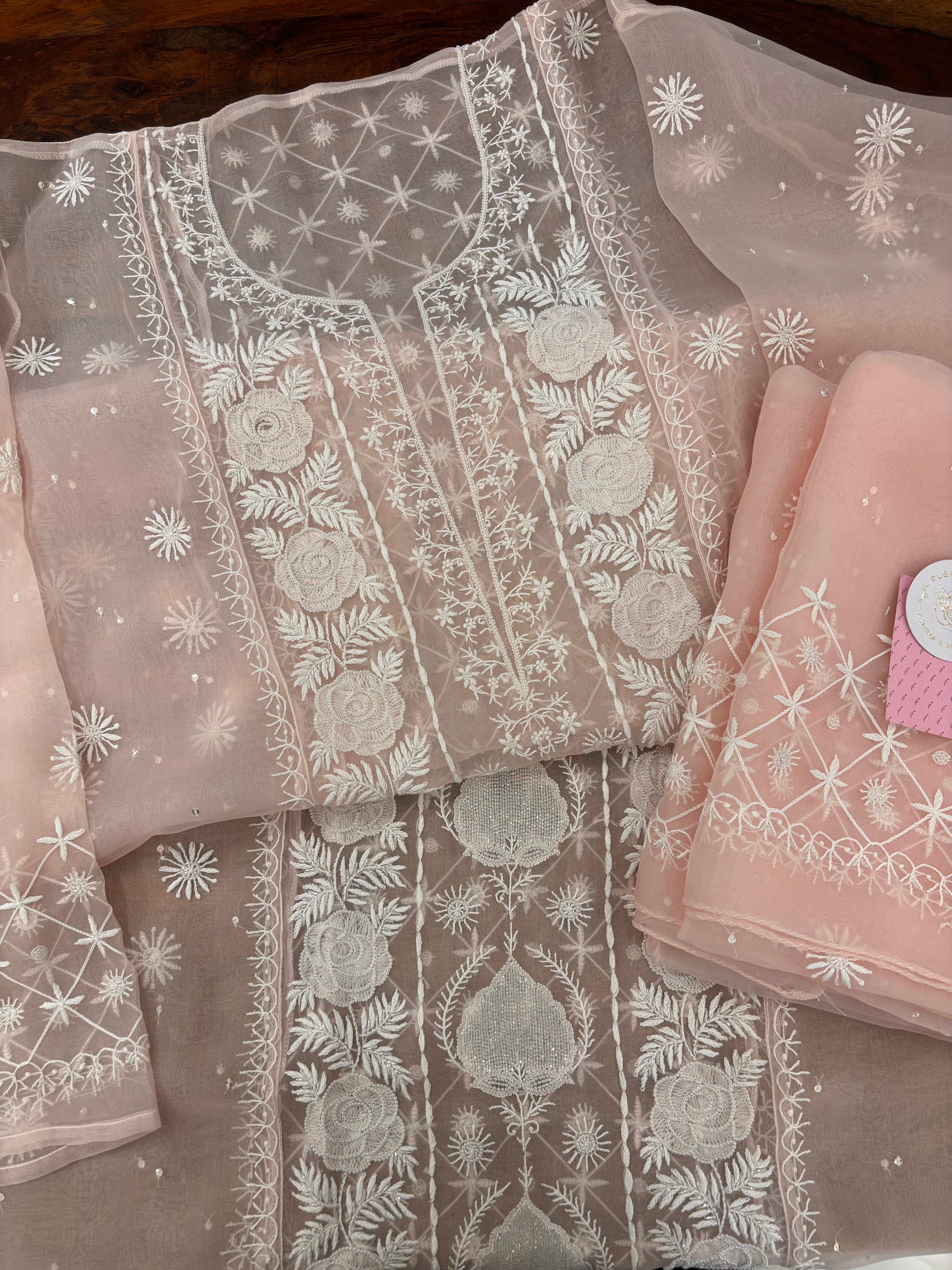 Baby Pink Pure Organza Chikankari Kurta & Dupatta - Pleats PleaseChikankari