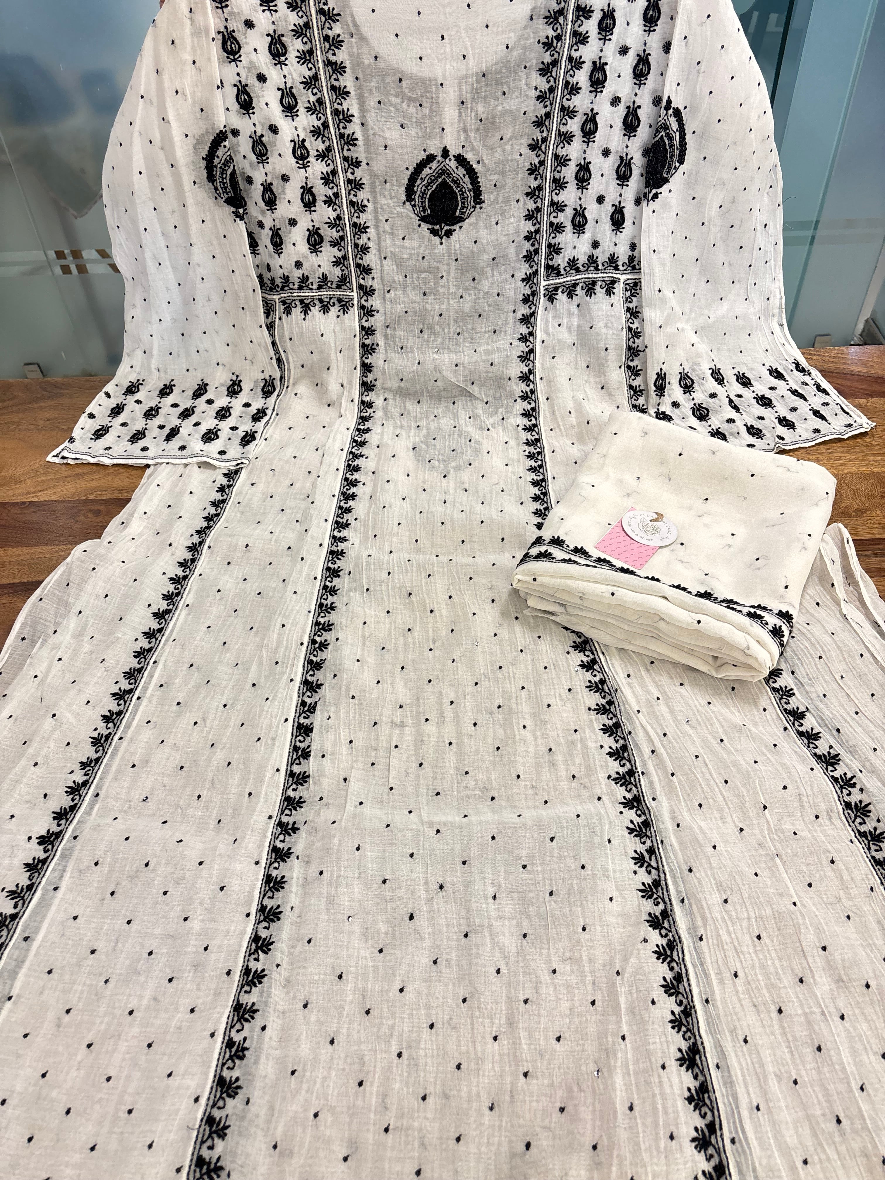 Dyeable Chanderi Black & White A-Line Kurta & Dupatta Set