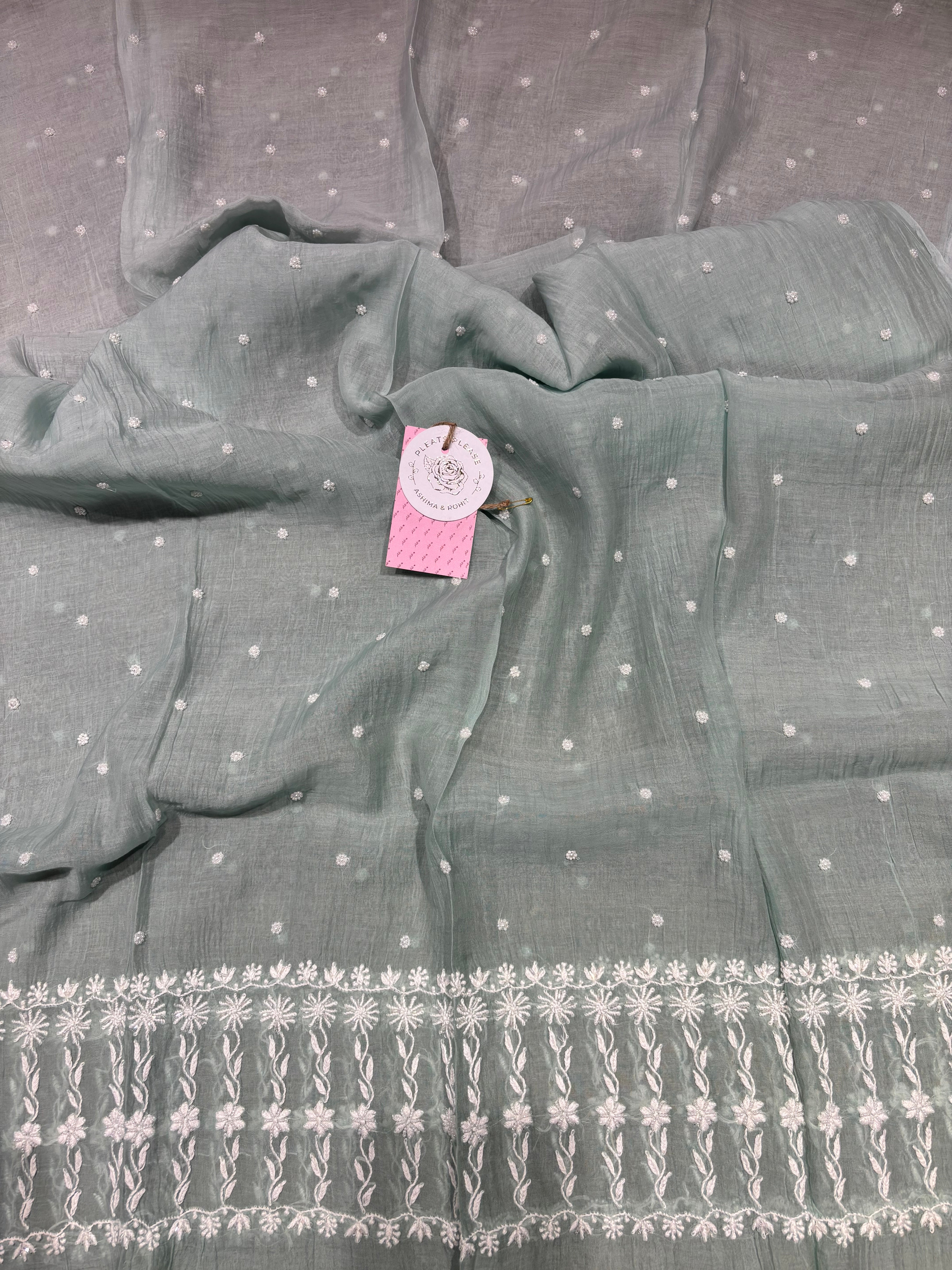 Sea Foam Ombre Chanderi Mul Chikankari Anarkali & Dupatta Set