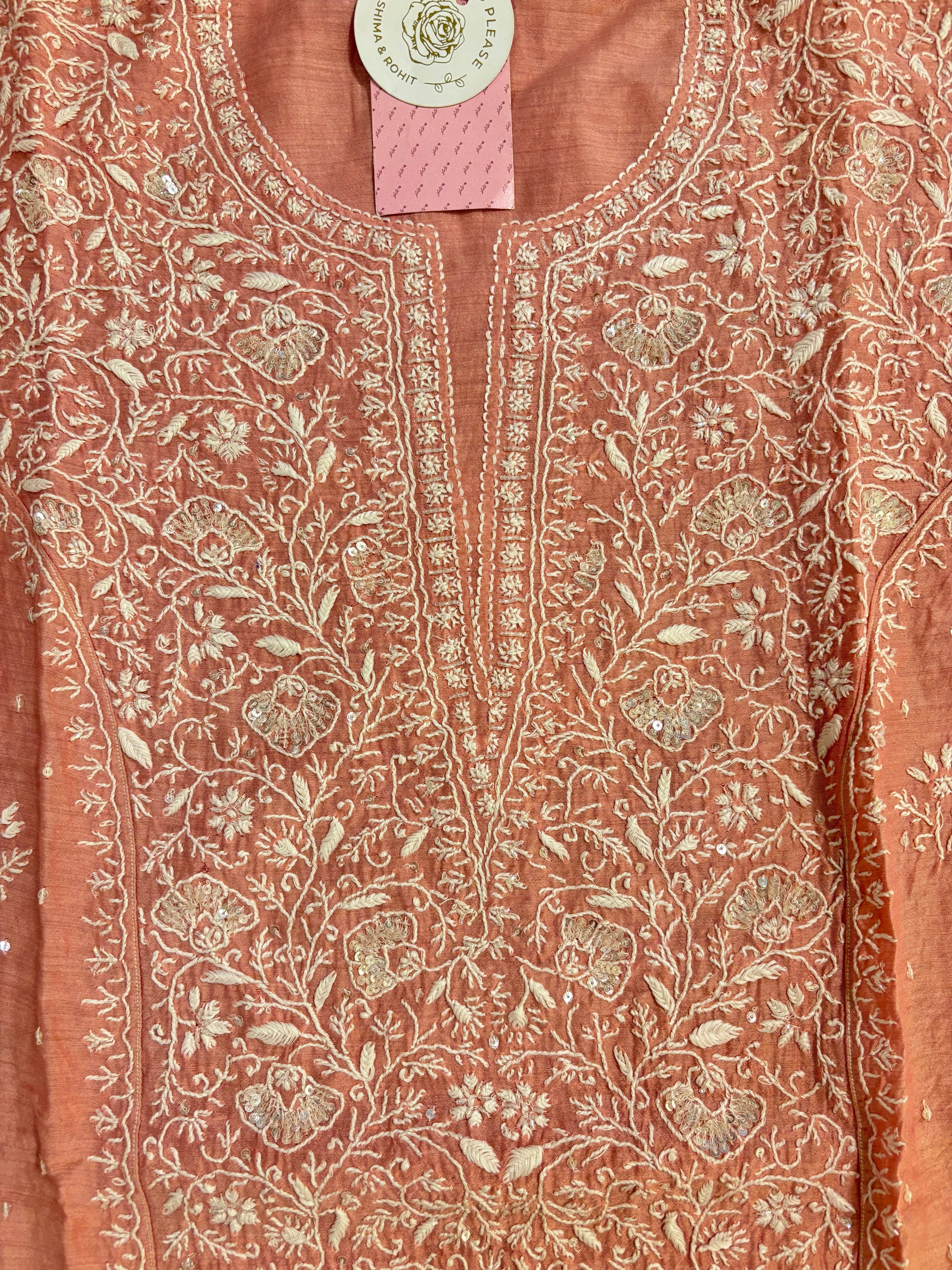 Baby Pink Monga Silk Chikankari Kurta & Dupatta