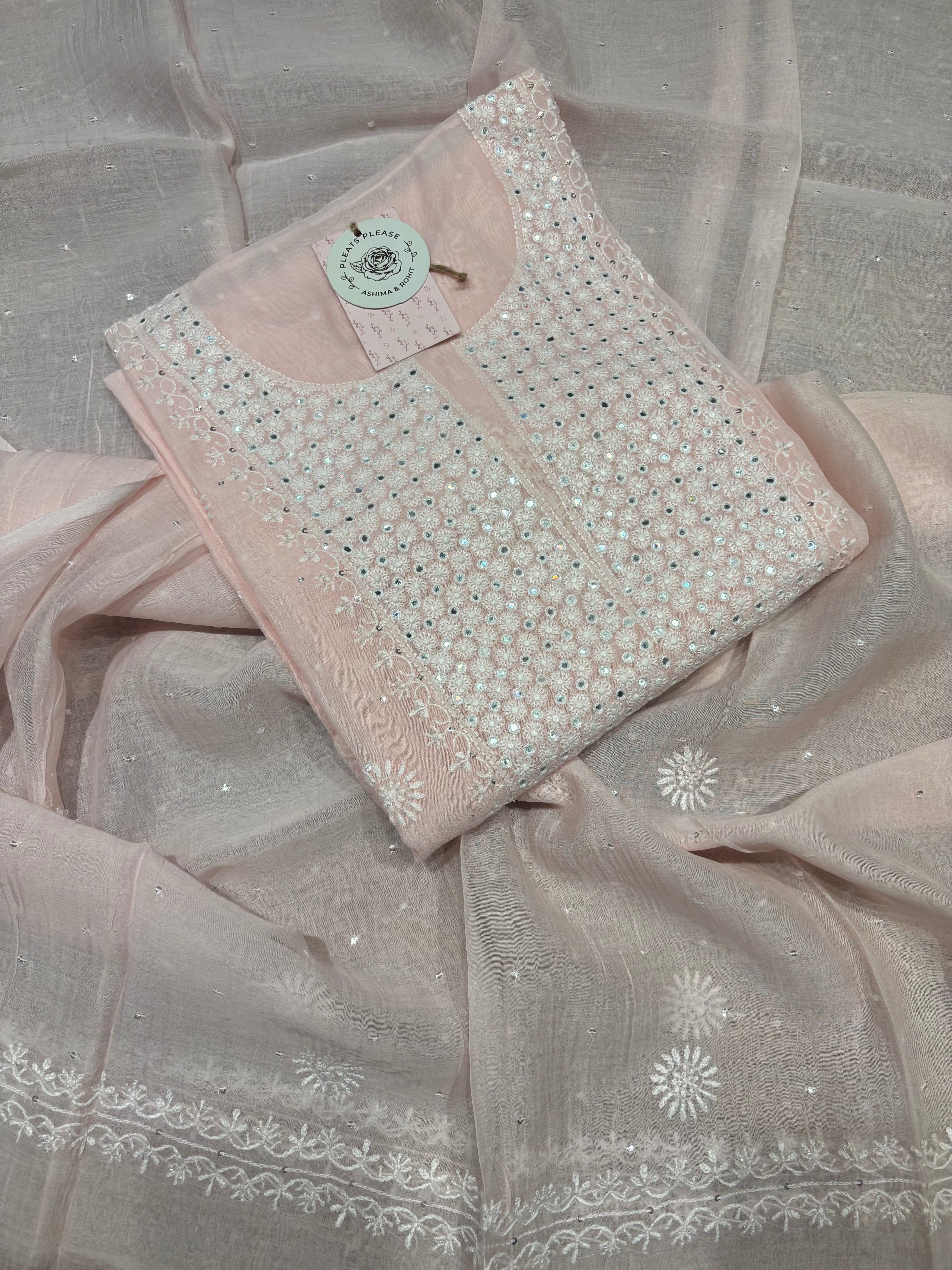 Pink Chanderi Mul Chikankari Kurta and Dupatta Set