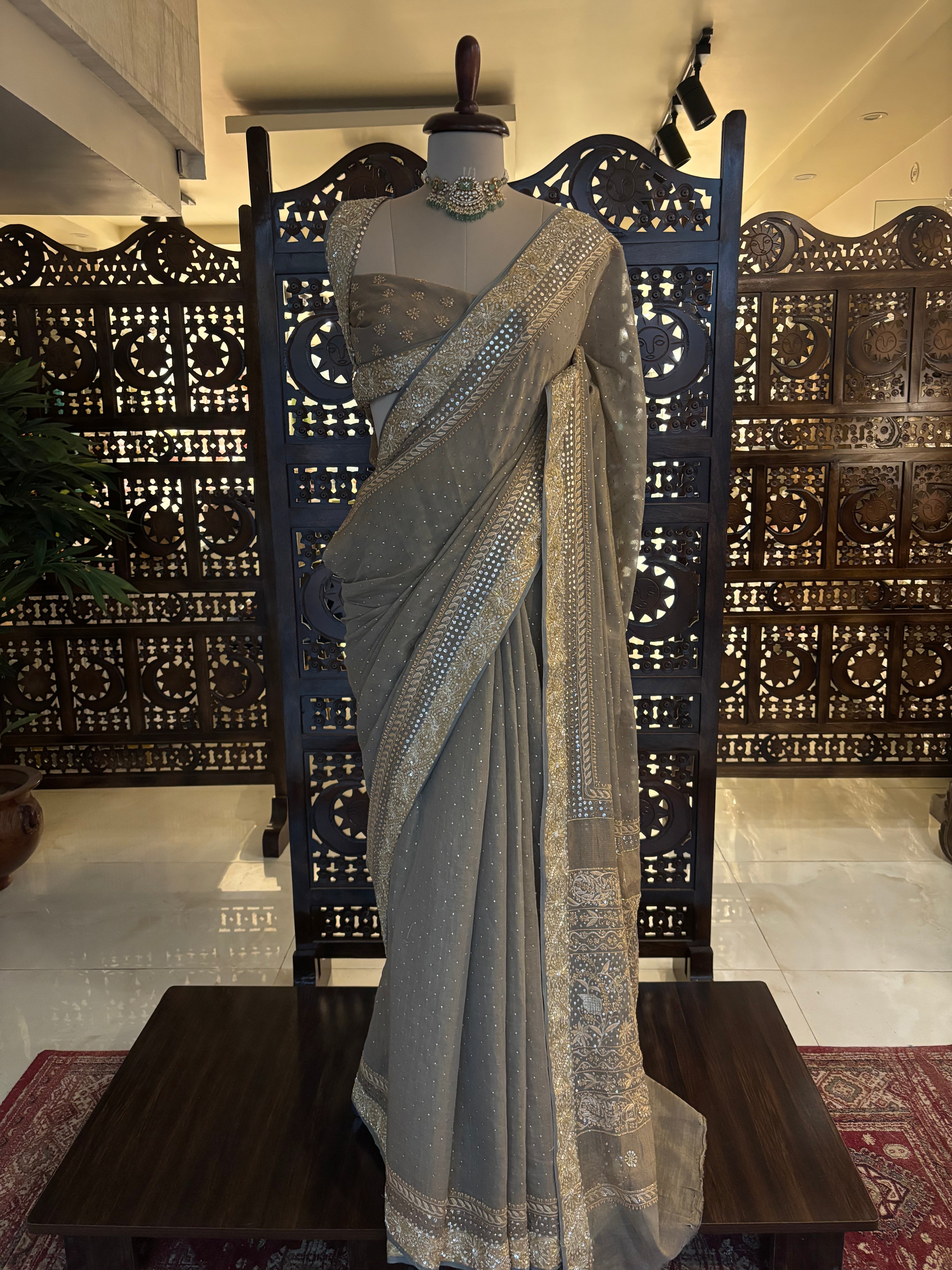Sandrift Pure & Premium Tissue Mukaish Chikankari Saree
