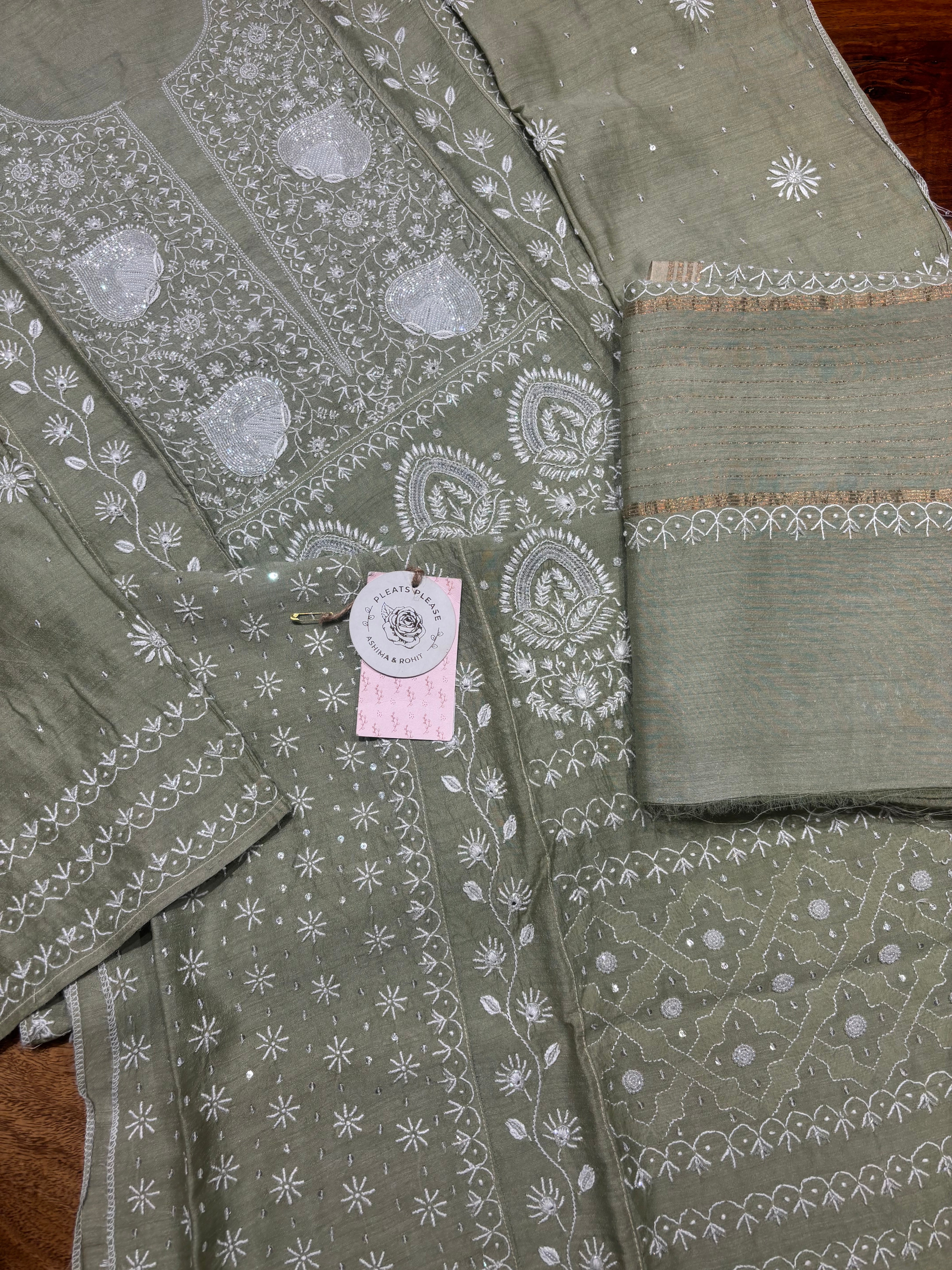 Mossy Green Pure and Premium Monga Silk Chikankari Kurta and Dupatta Set