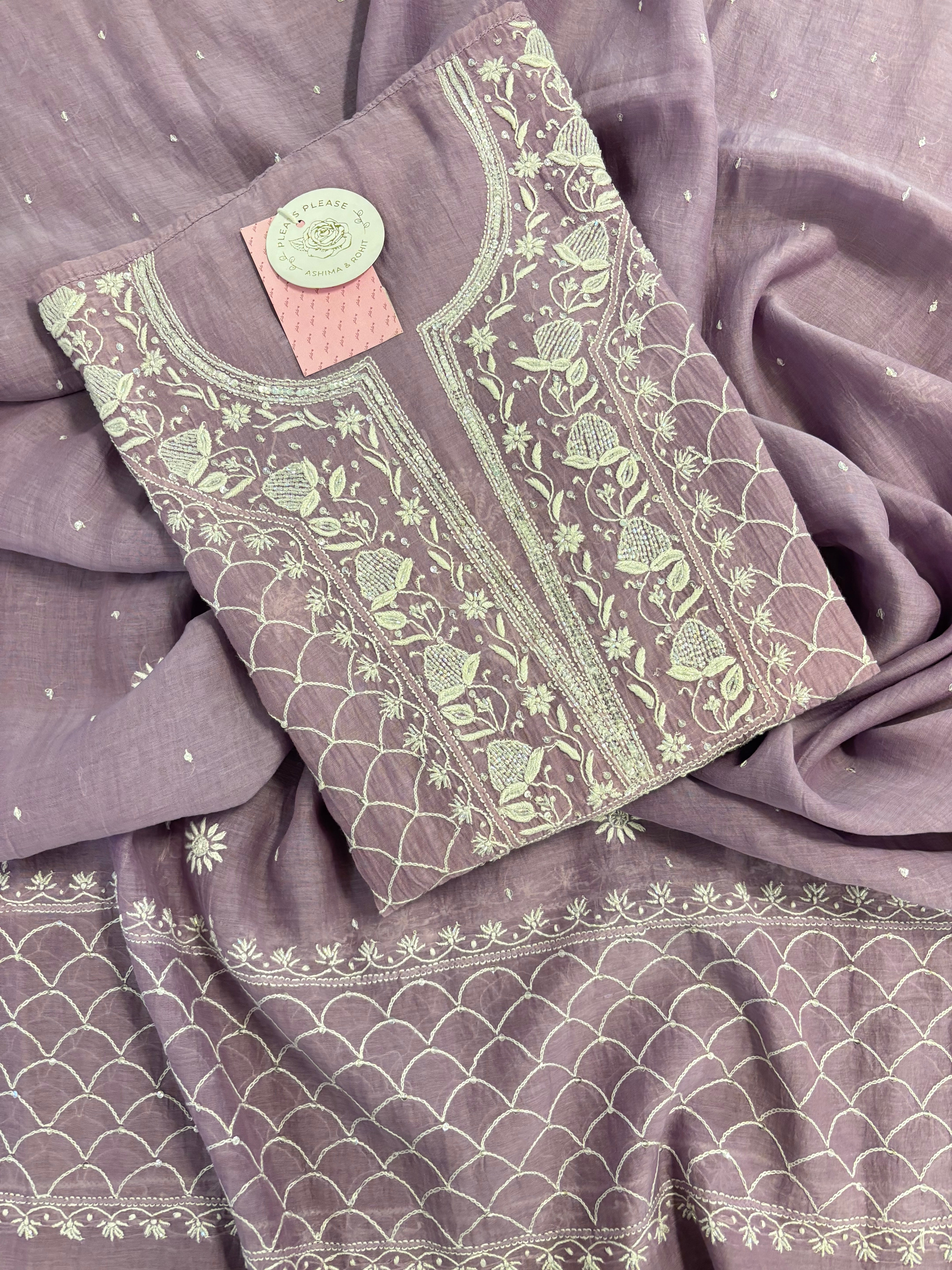 Mauve Lavender Chanderi Chikankari Kurta & Dupatta
