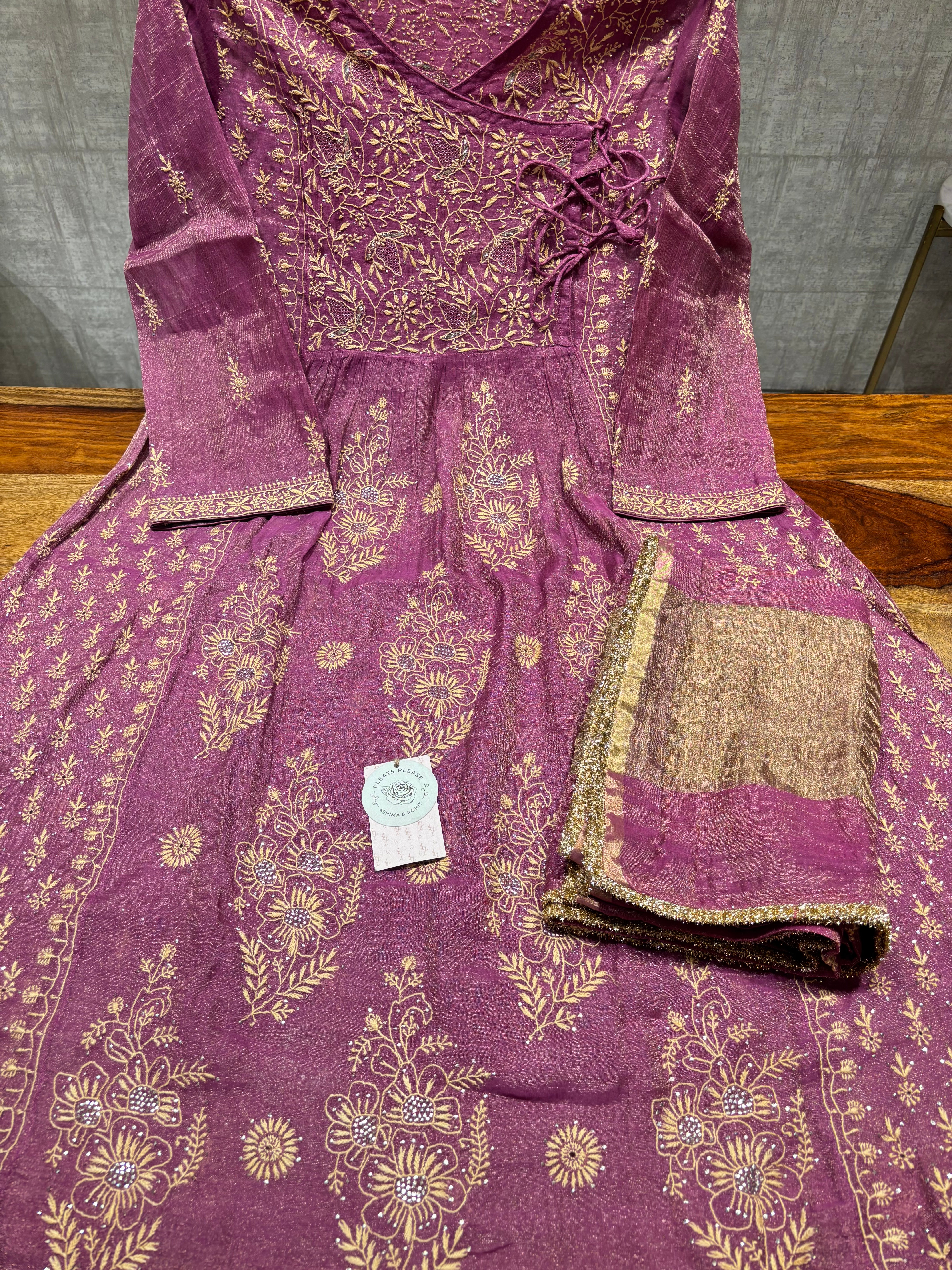 Purple Pure & Premium Tissue Chikankari Angrakha Kurta and Dupatta set