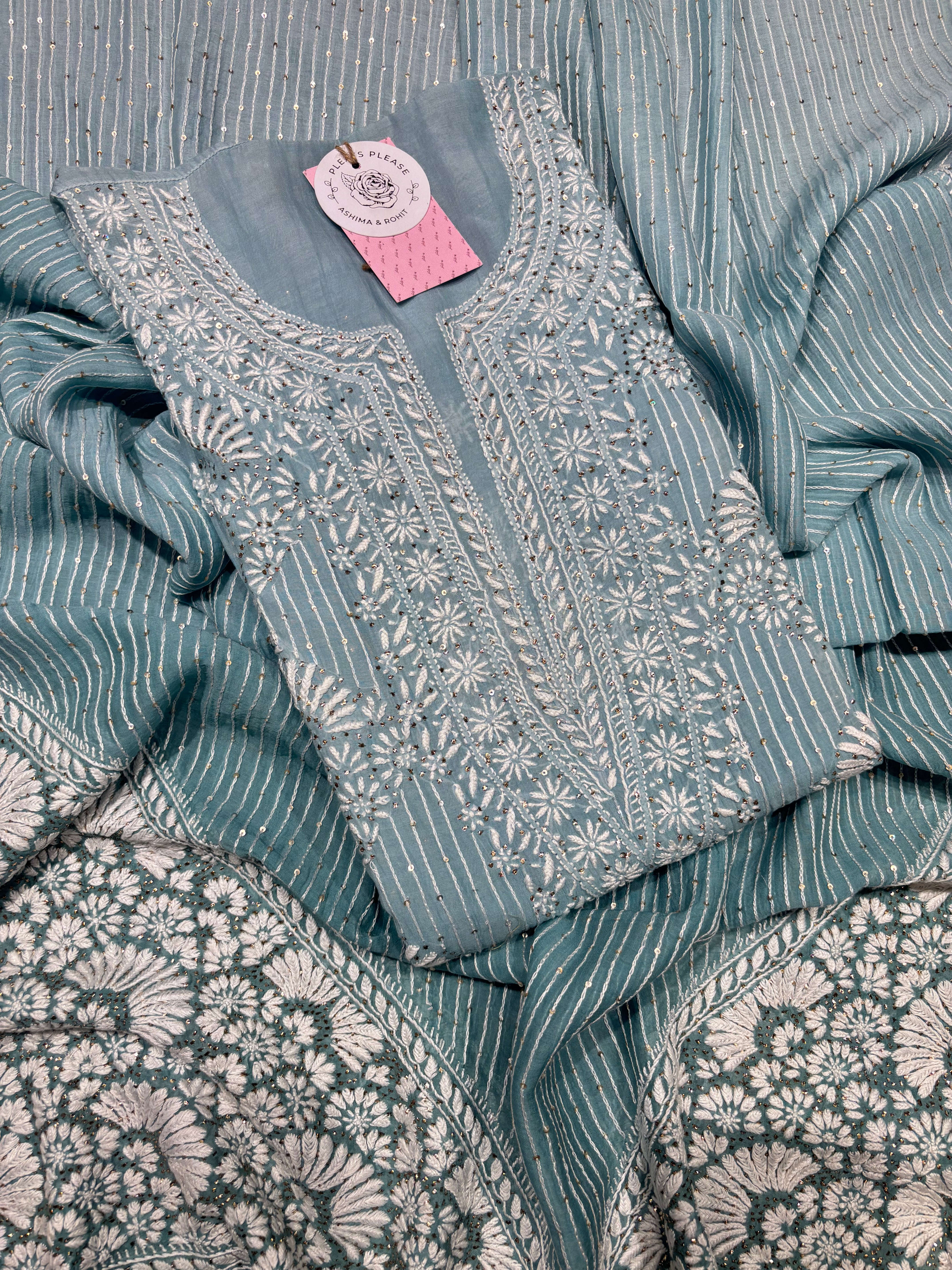 Sea foam Ombre Chanderi Mul Chikankari & Mukaish Kurta and Dupatta Set