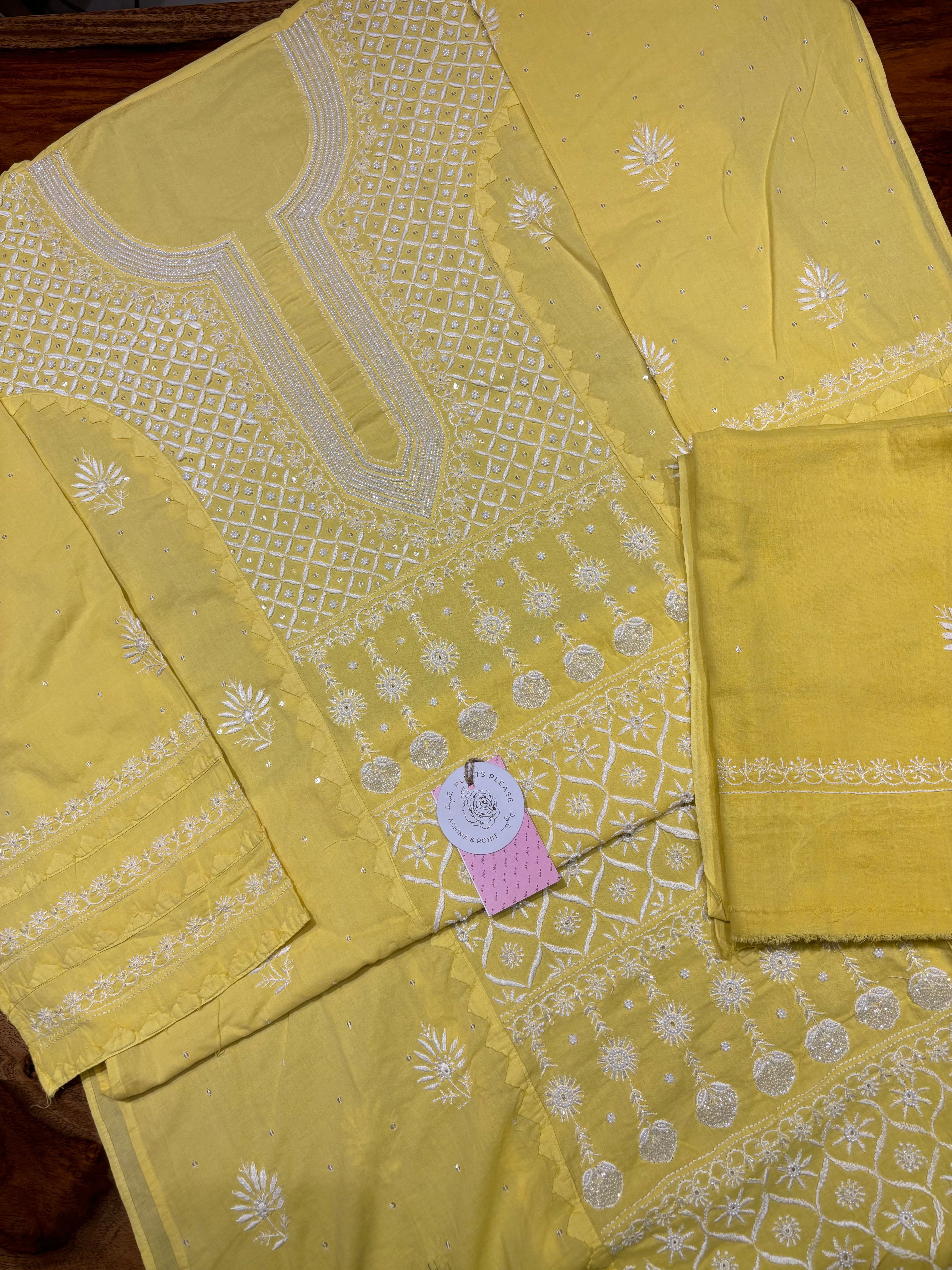 Yellow Mulmul Chikankari Kurta & Dupatta Set