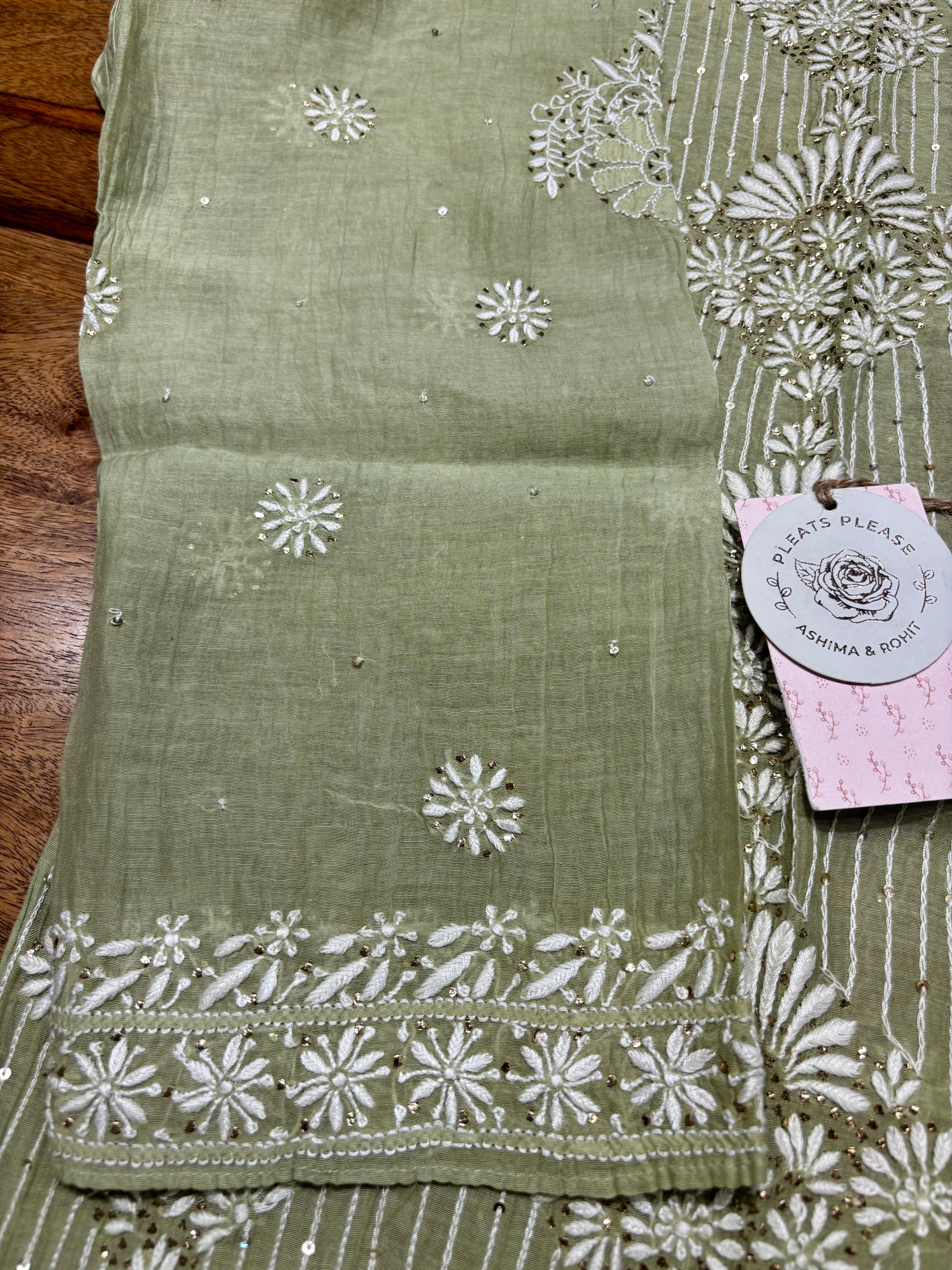 Green Chanderi Mul Chikankari & Mukaish Kurta & Dupatta Set