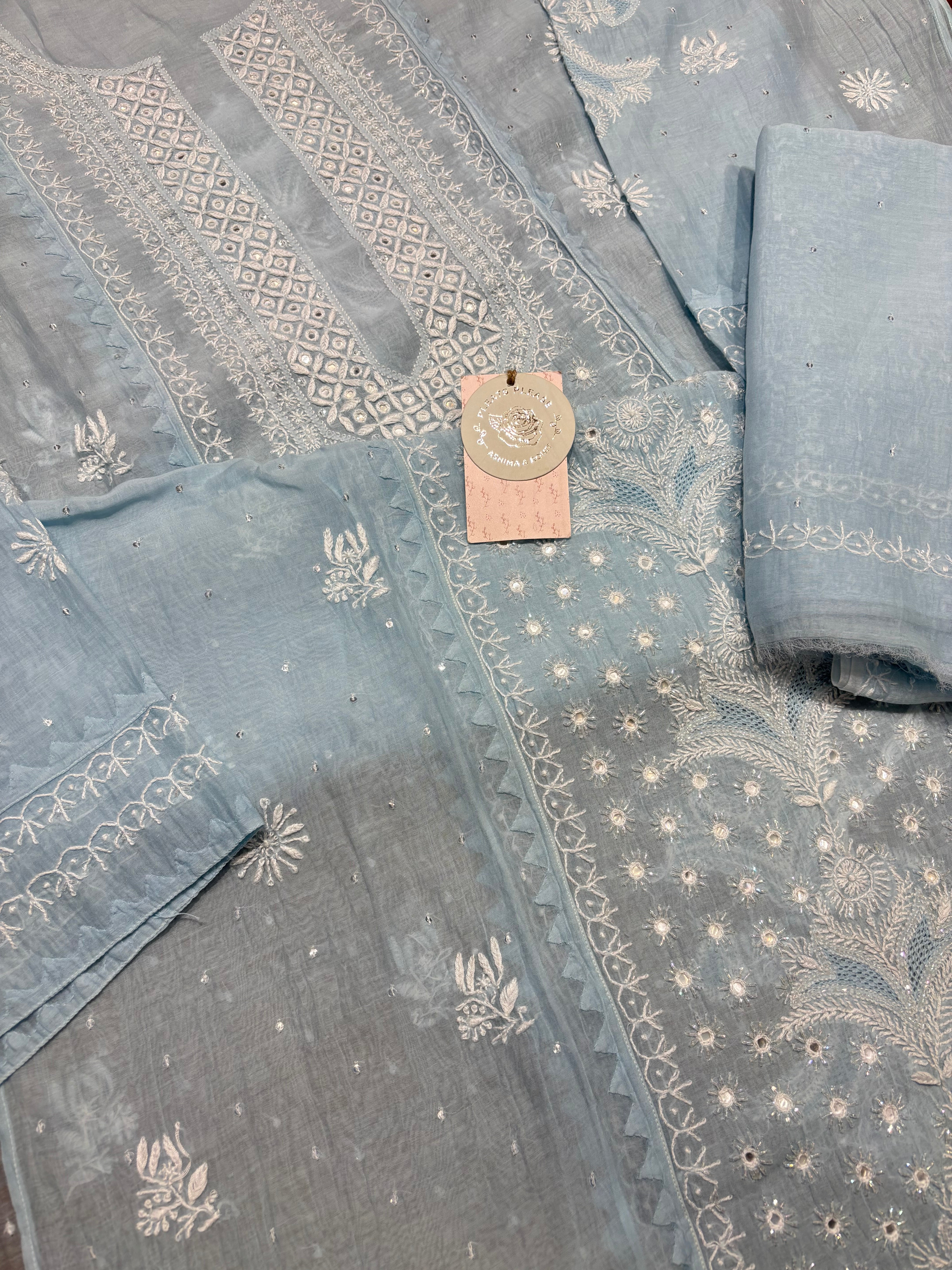 Powder blue chanderi  Mul Chikankari kurta and Dupatta Set