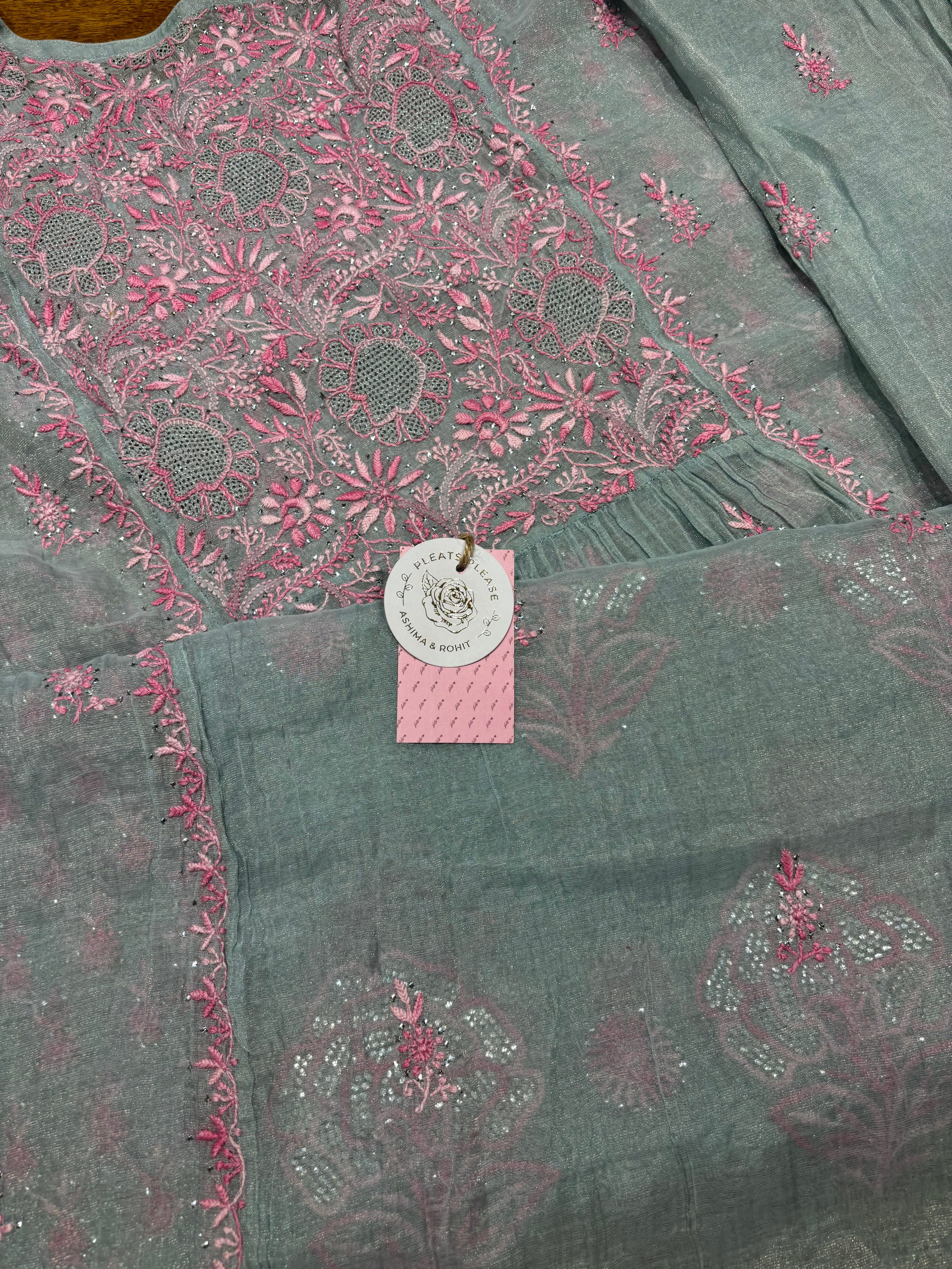 Powder Blue Pure and Premium Tissue Chikankari &Mukaish Angrakha  Kurta and Dupatta Set