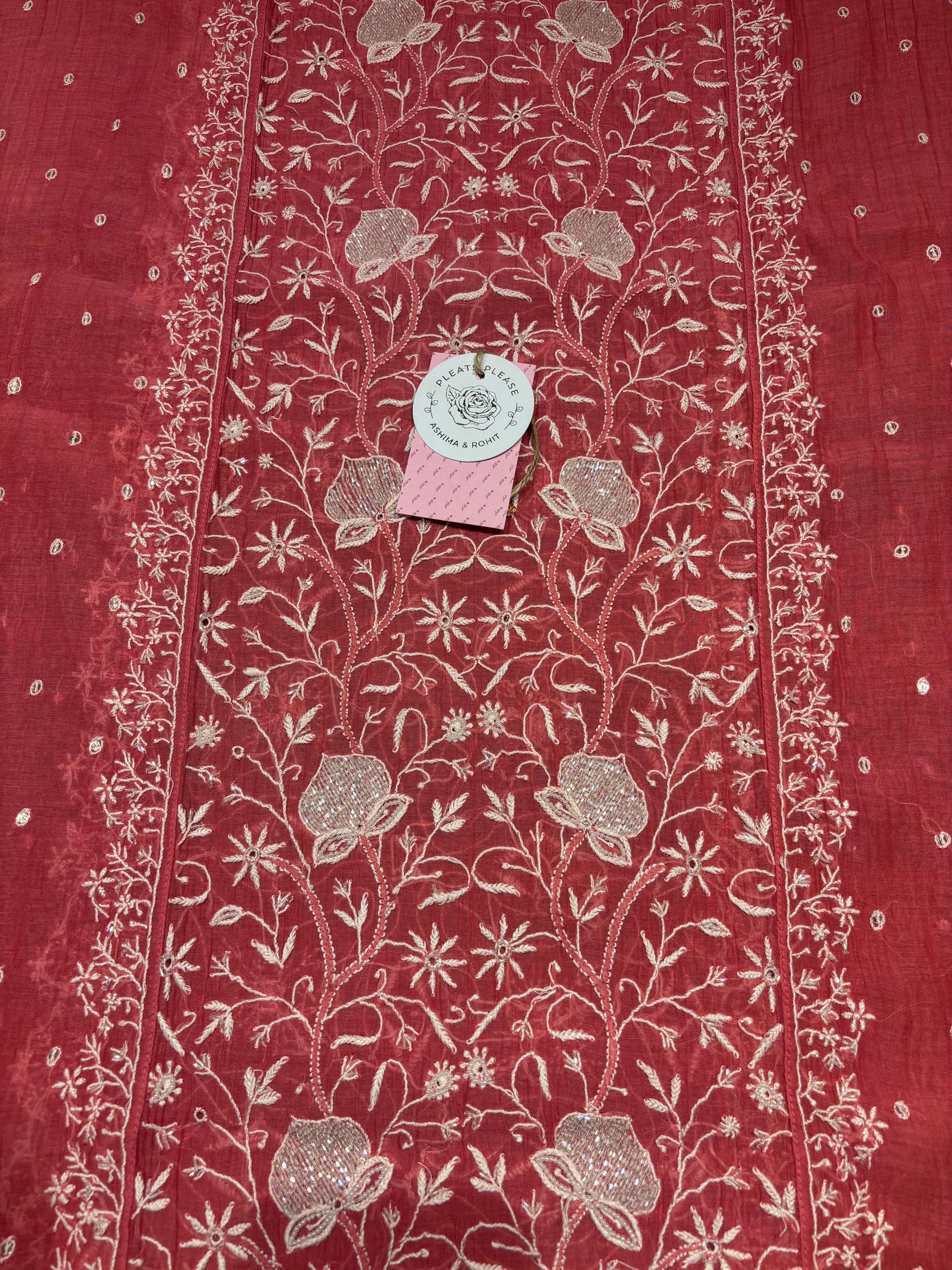 Coral Pink Chanderi Mul Chikankari Kurta & Dupatta Set