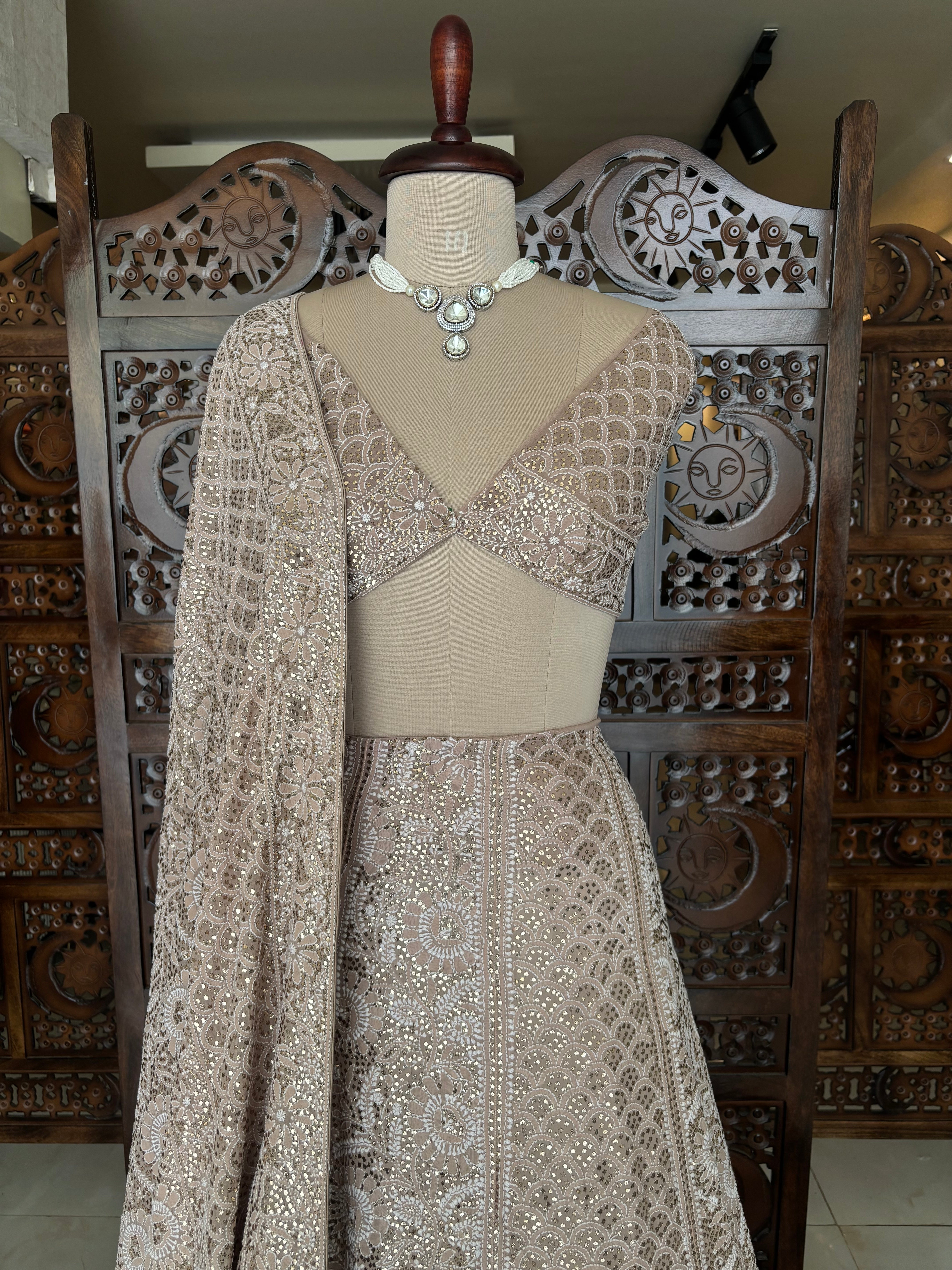 Champagne Beige Pure & Premium Georgette Chikankari Mukaish Lehenga & Dupatta Set