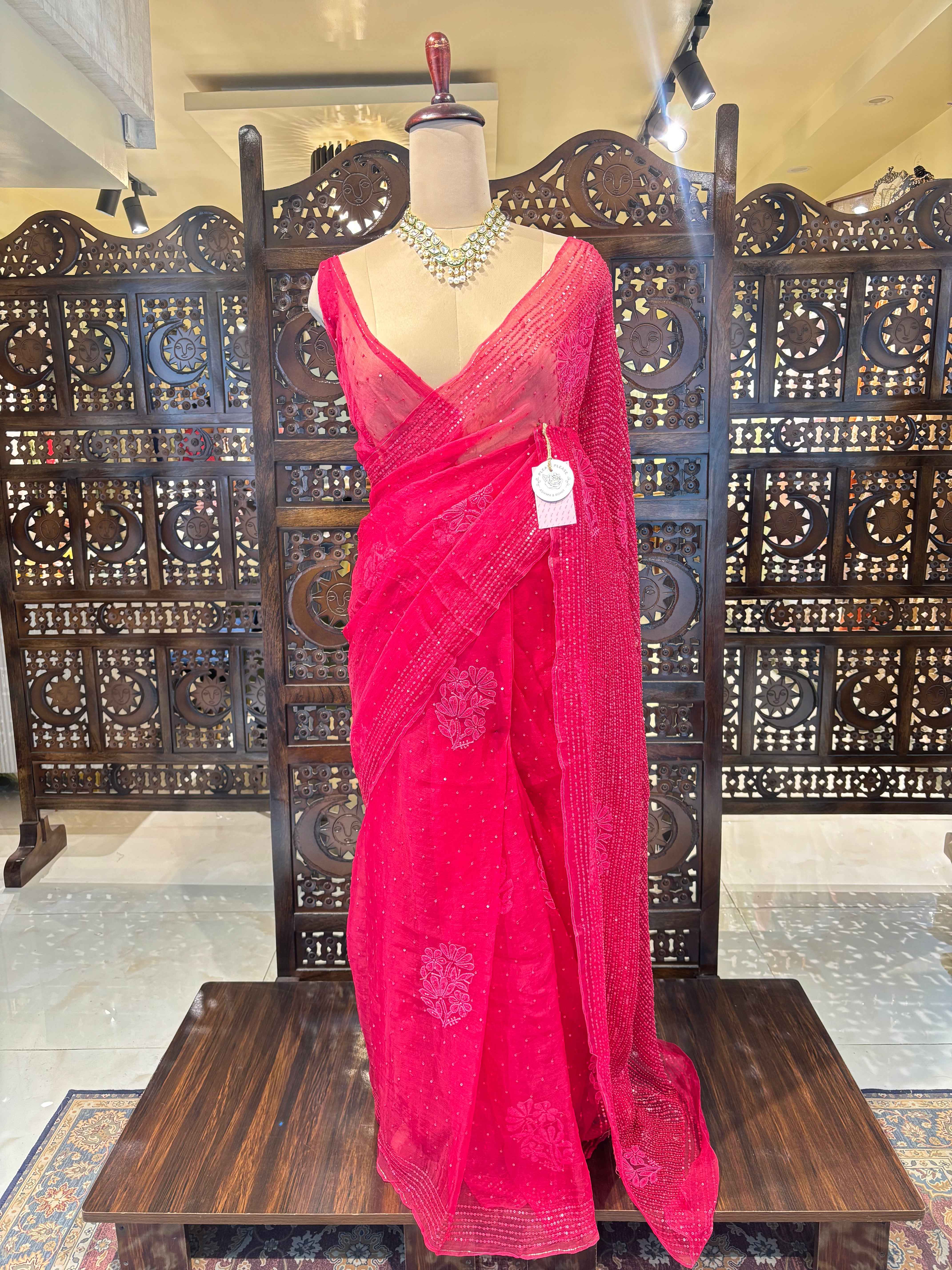 Fuchsia Pink Pure Organza Chikankari Saree