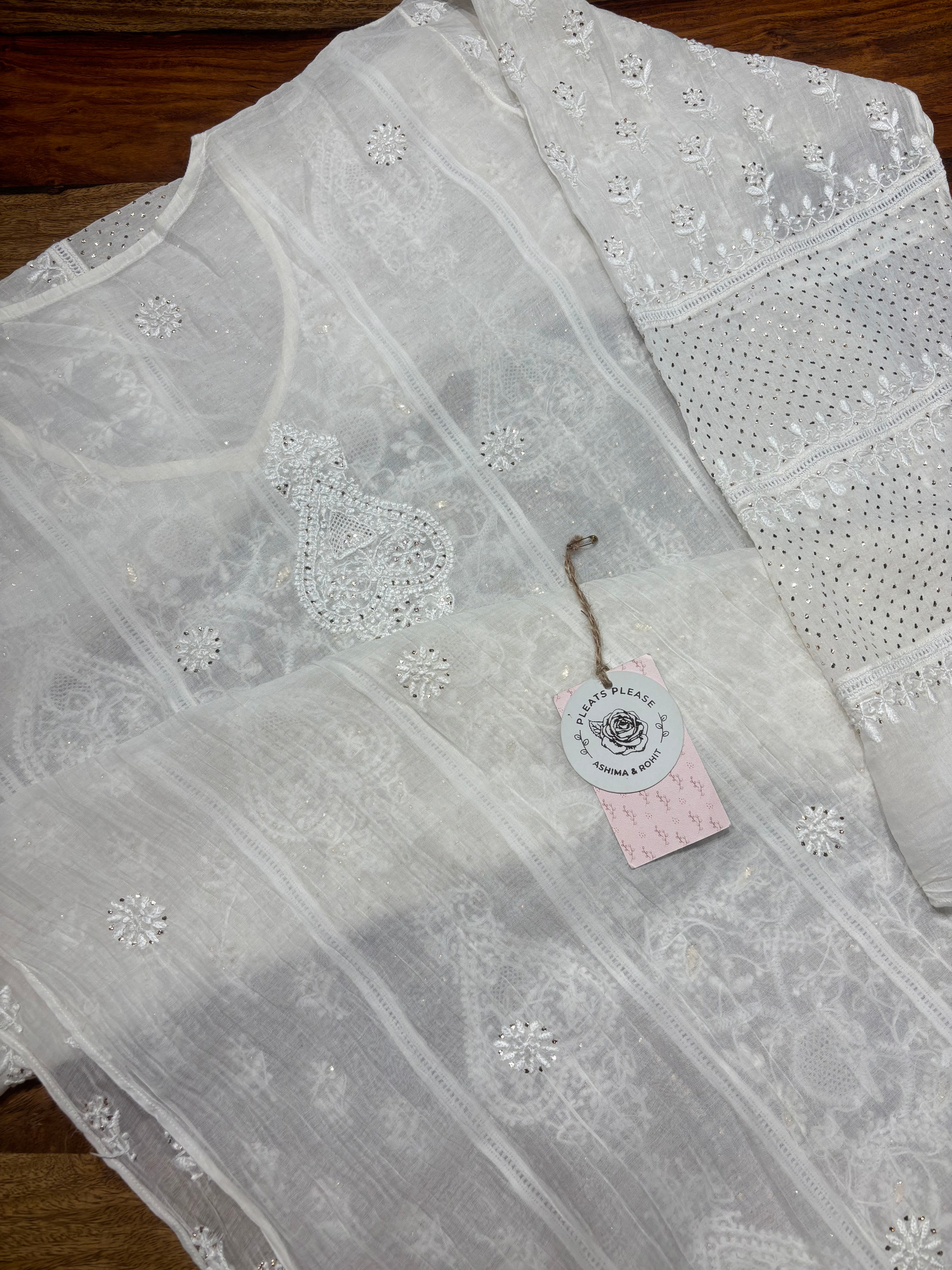 Dyeable Chanderi Mul Chikankari & Mukaish Kurta & Dupatta Set