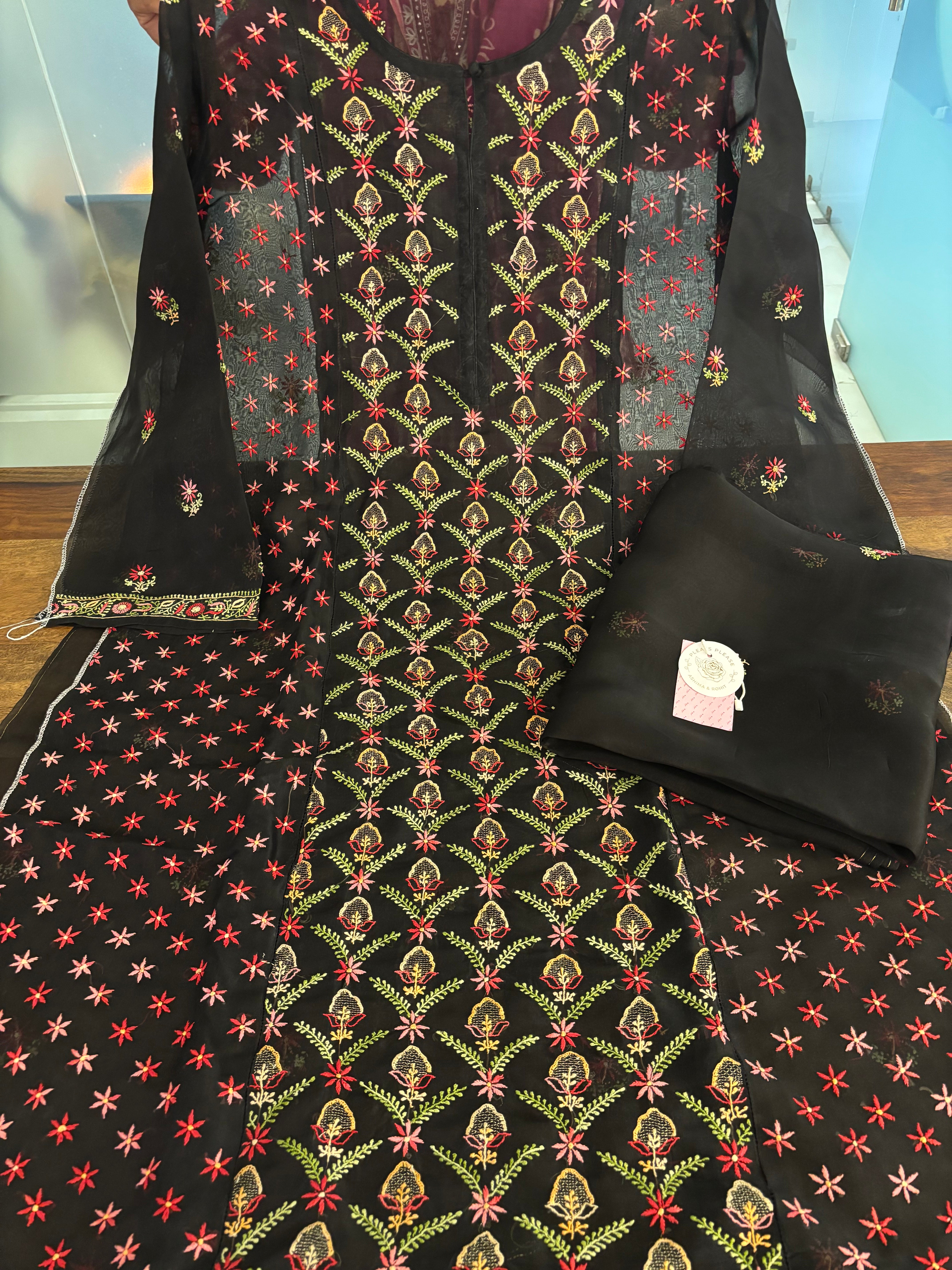 Black Organza Chikankari Kurta & Dupatta - Pleats PleaseChikankari