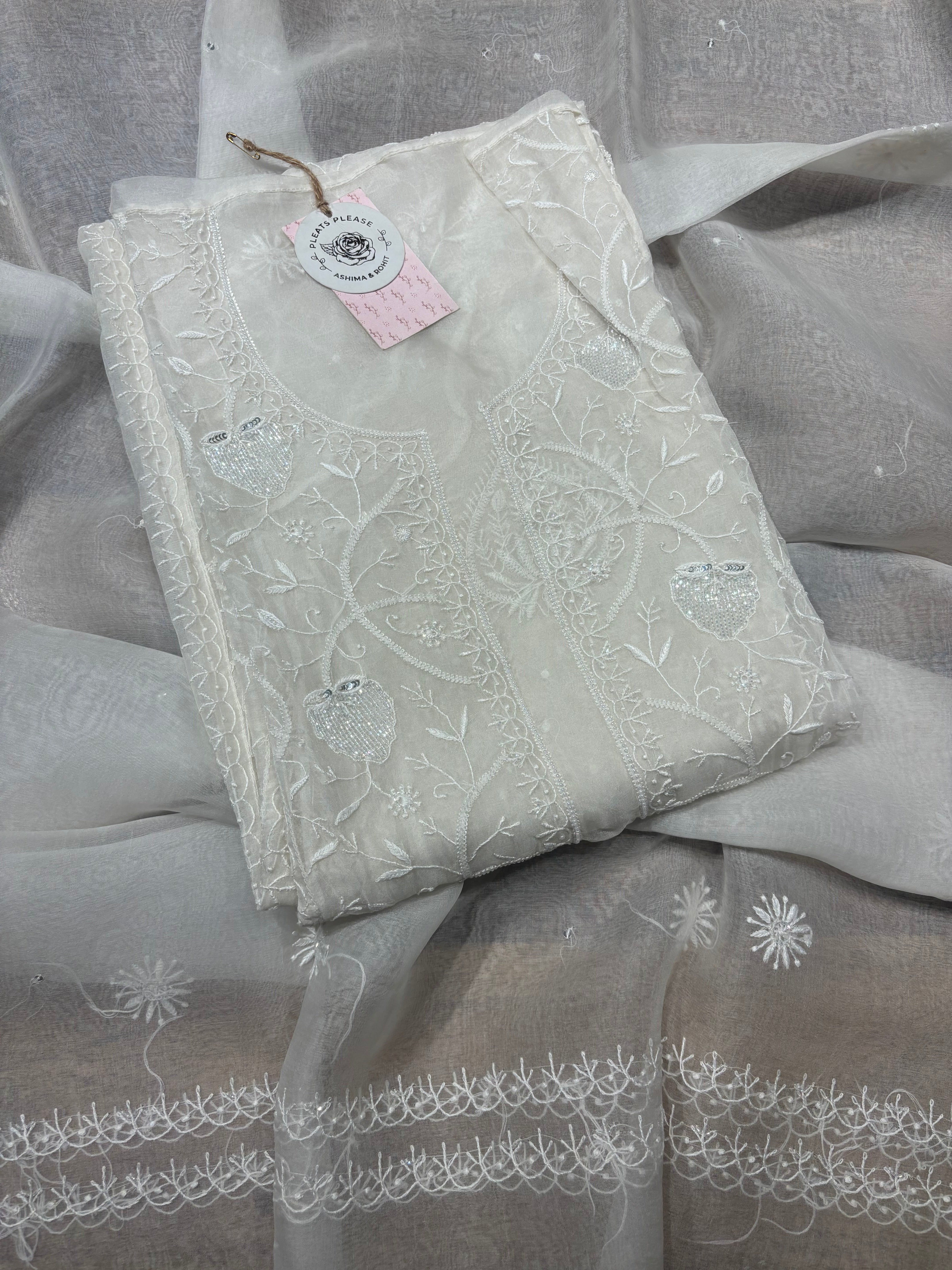 Dyeable Pure Organza Chikankari Kurta And Dupatta Set