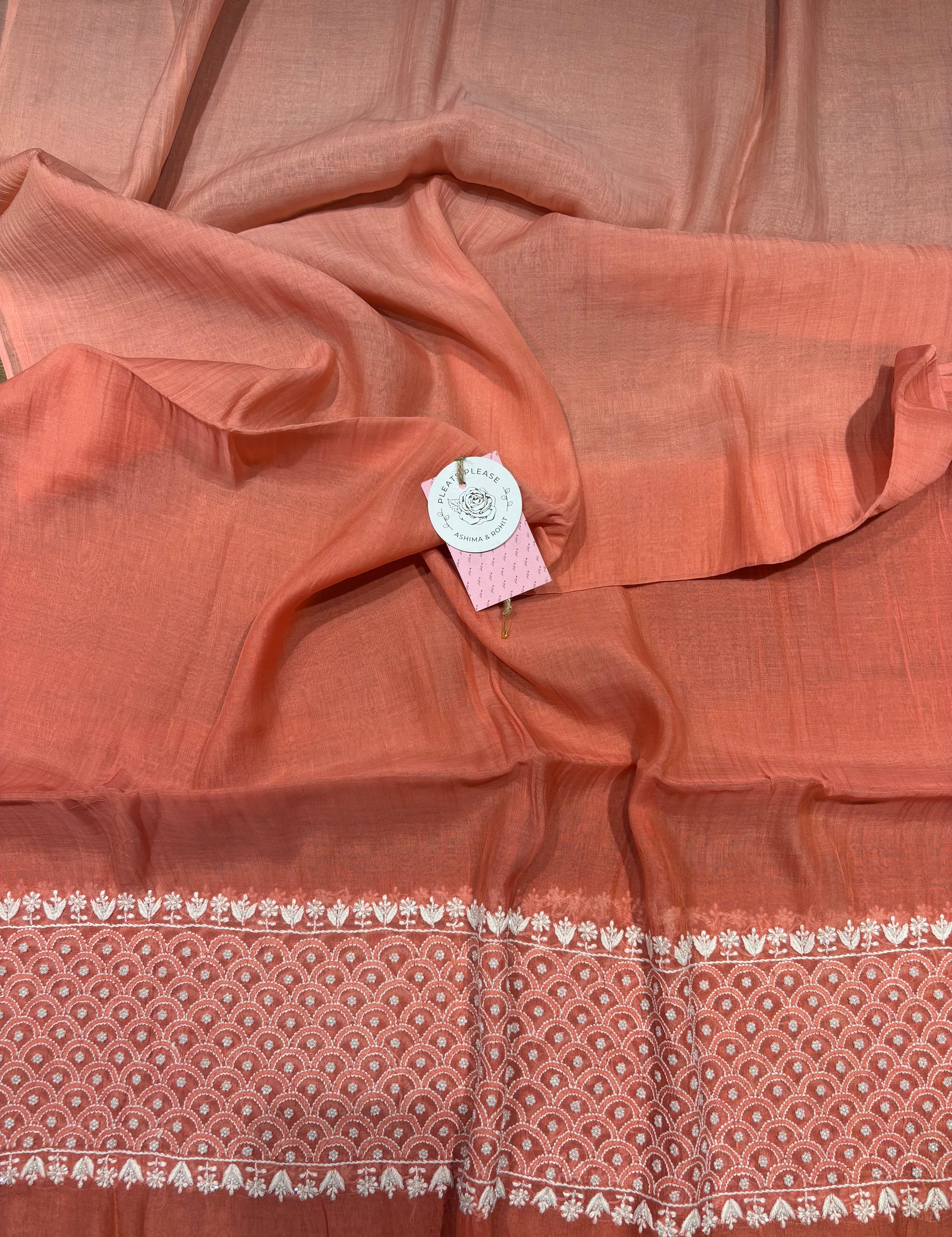 Coral Pink Ombre Chanderi Mul Chikankari Anarkali & Dupatta Set