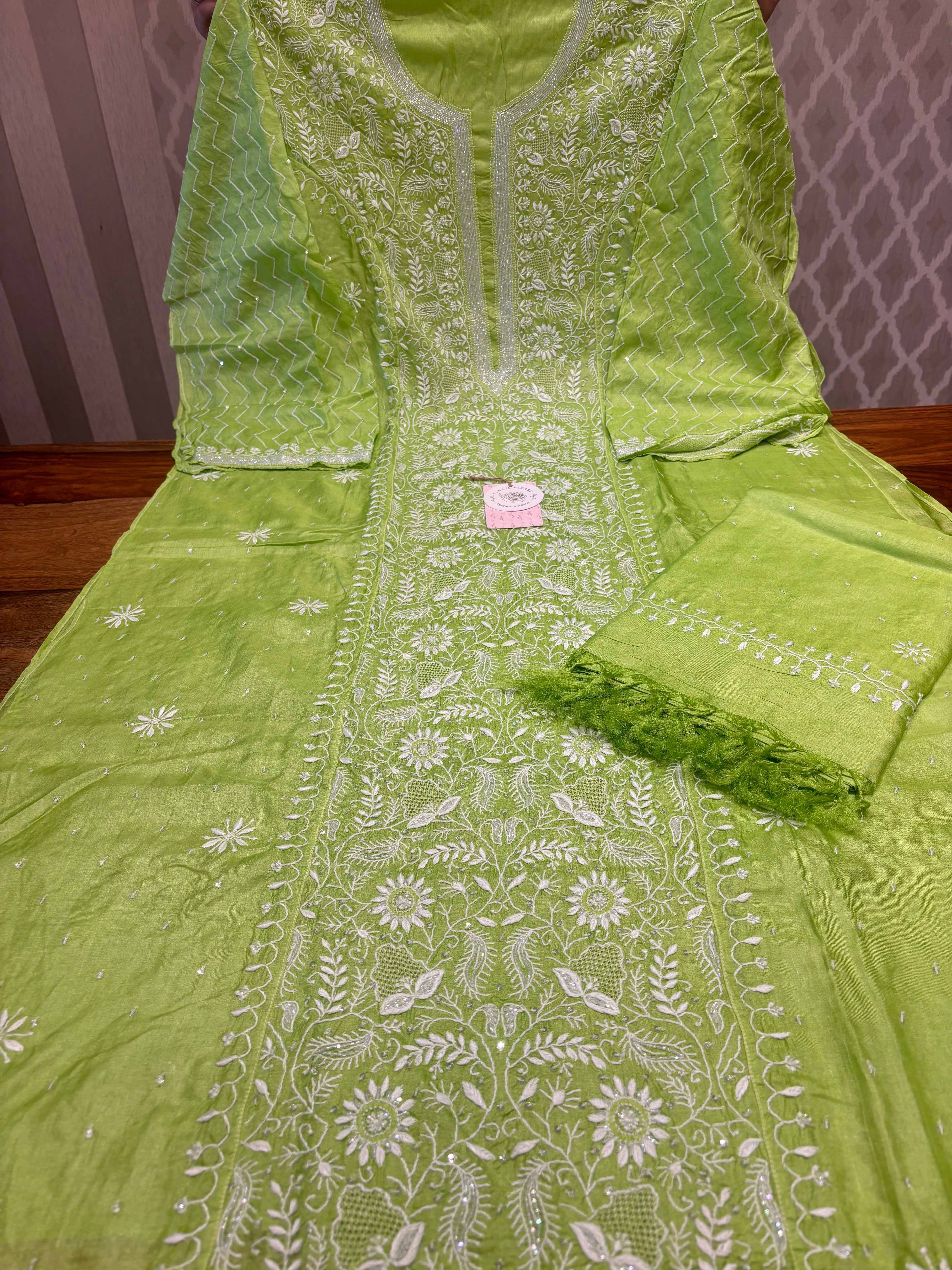 Green Silk Chikankari Kurta and Dupatta