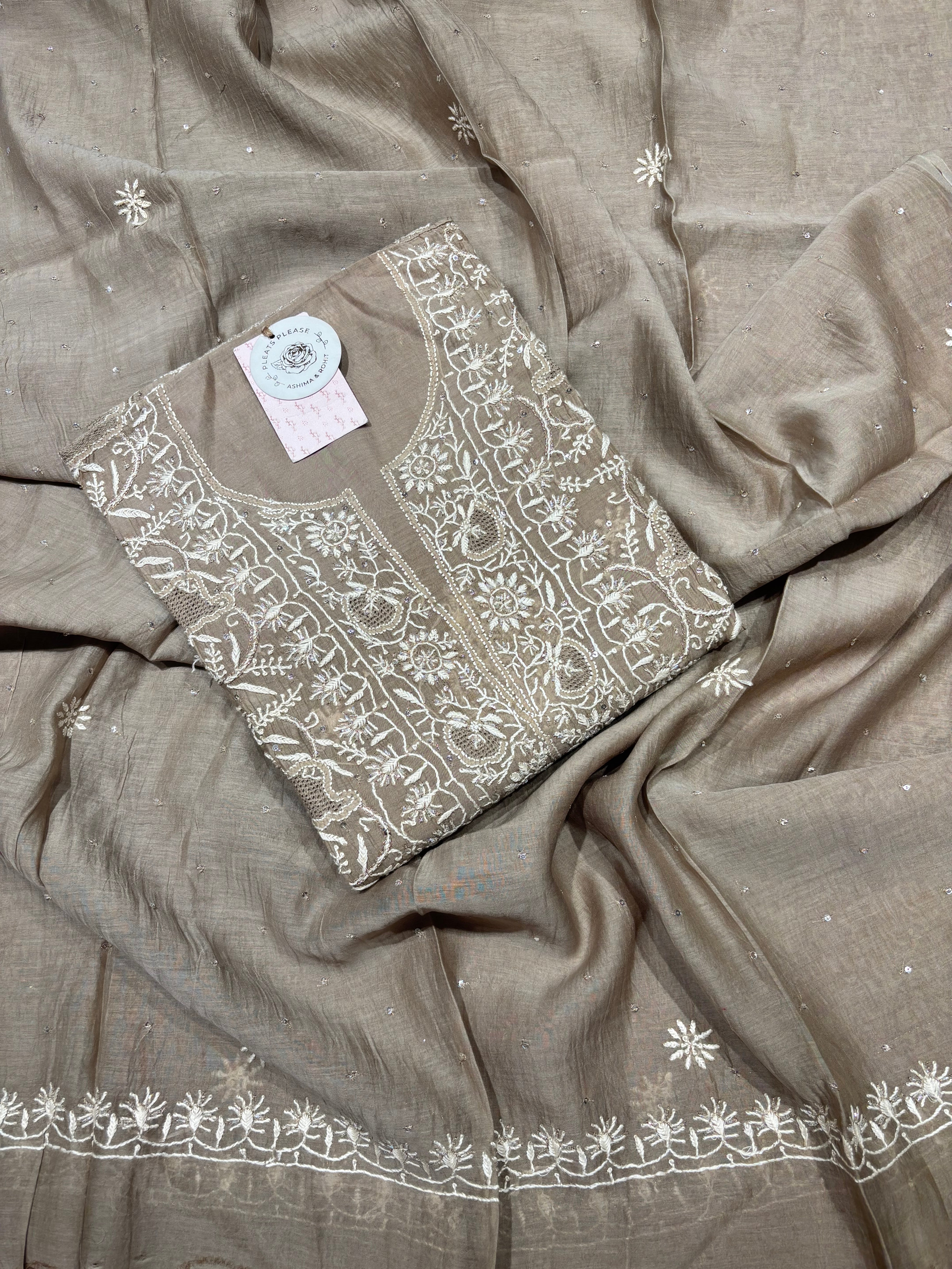 Mocha Mousse Chanderi Mul Chikankari Kurta & Dupatta Set