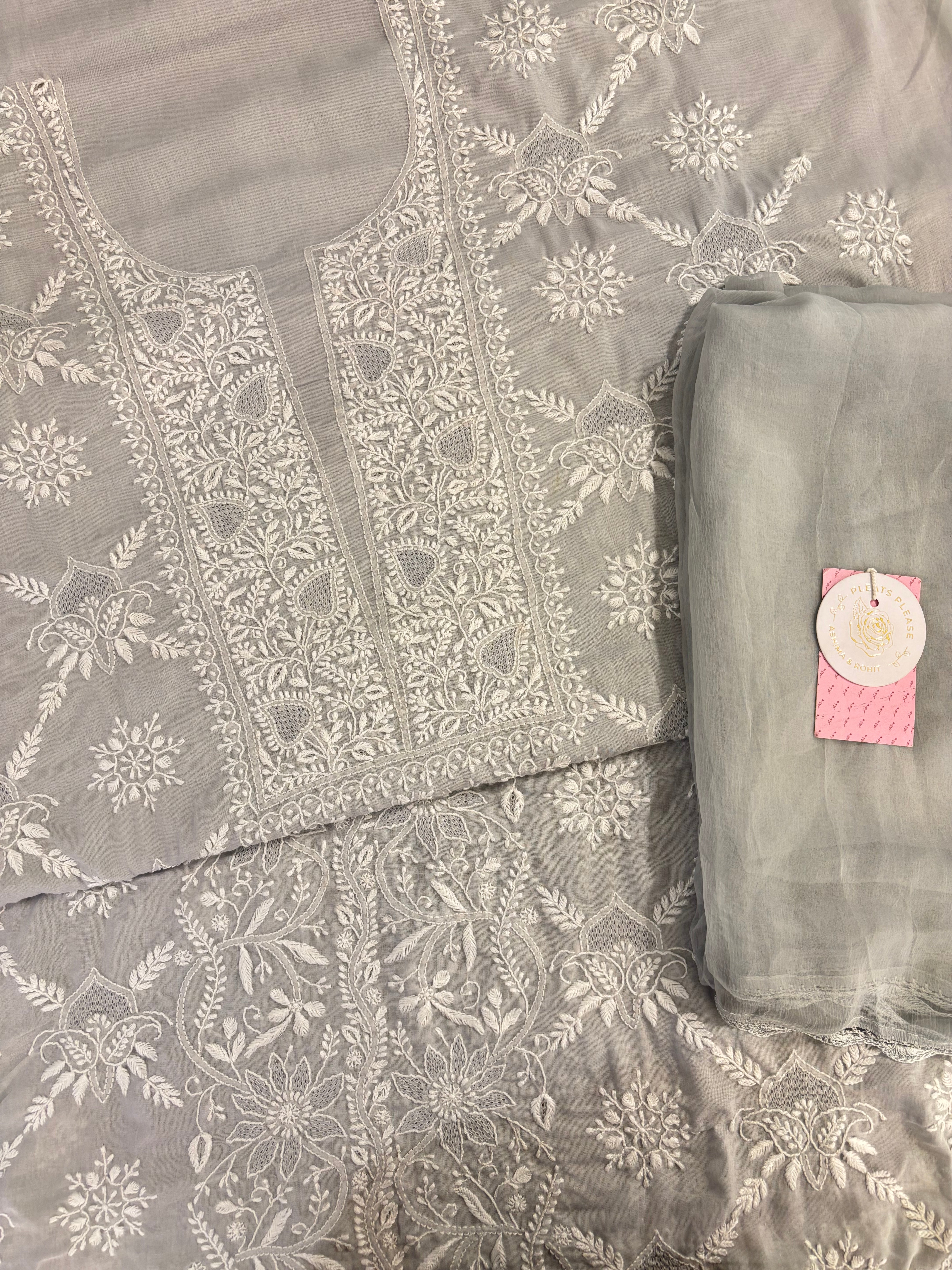 Dove-Grey Cotton Chikankari Kurta, Dupatta With Bottom