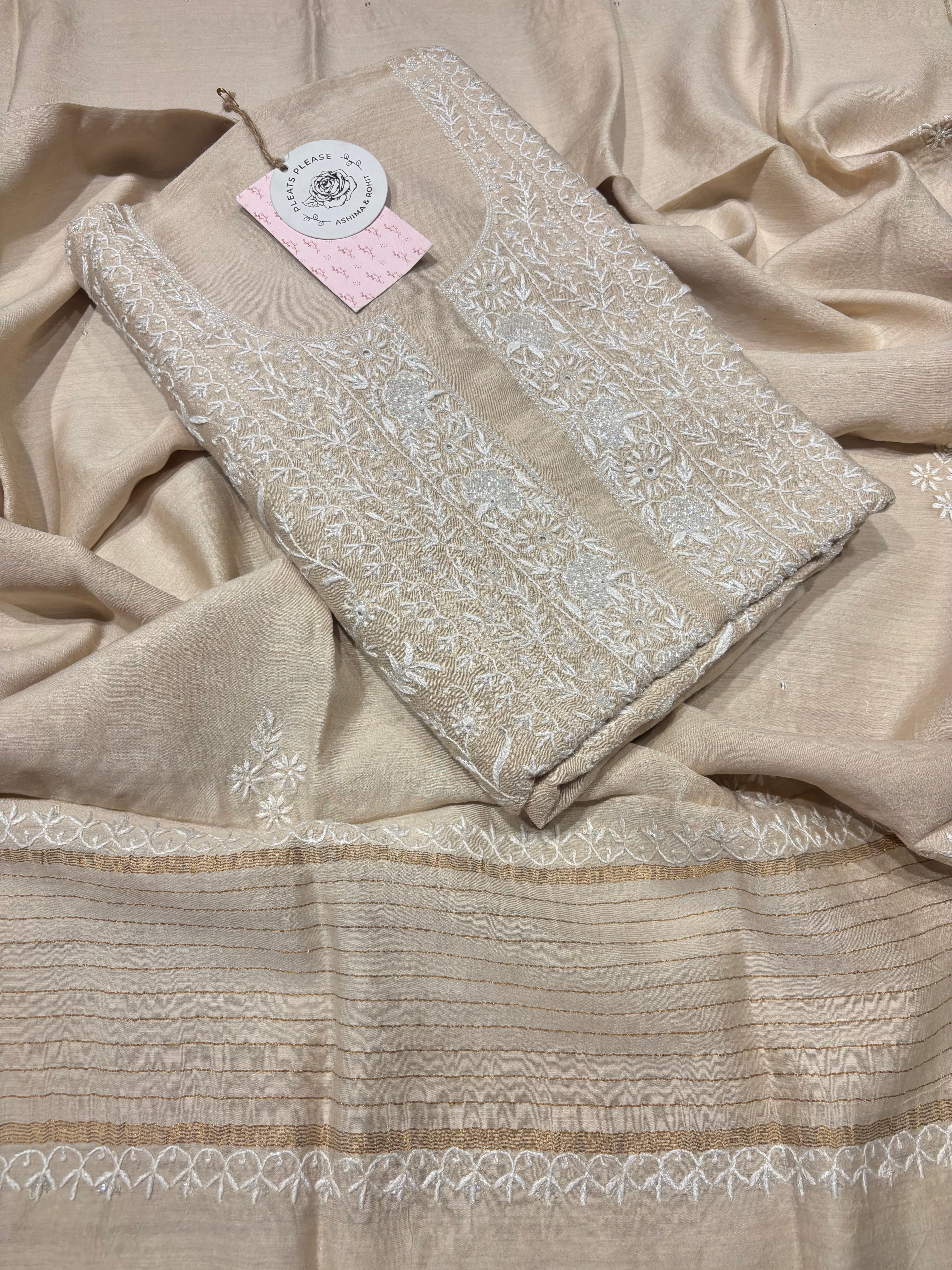 Dyeable monga Silk Chikankari Kurta and Dupatta Fabric