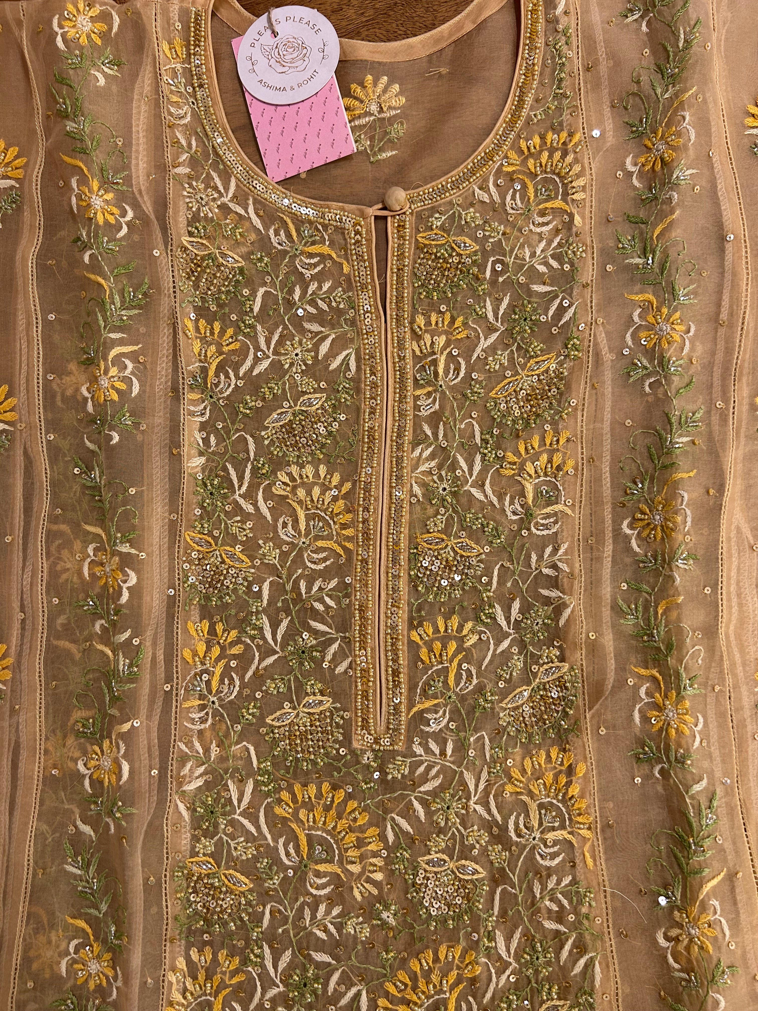 Golden Pure Organza Chikankari Kurta & Dupatta