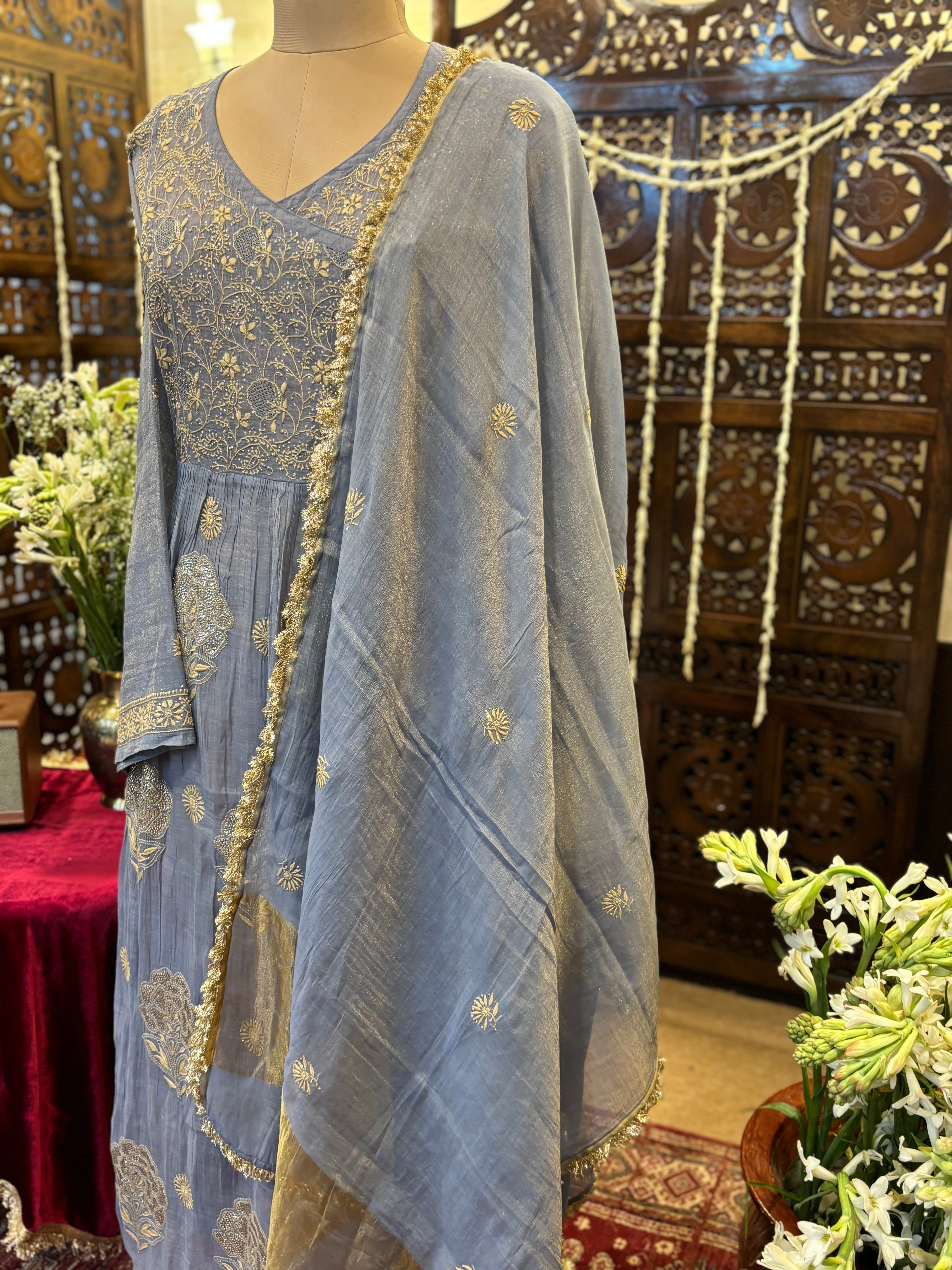Blue Pure and Premium Tissue Chikankari & Mukaish Angrakha Kurta and Dupatta Set