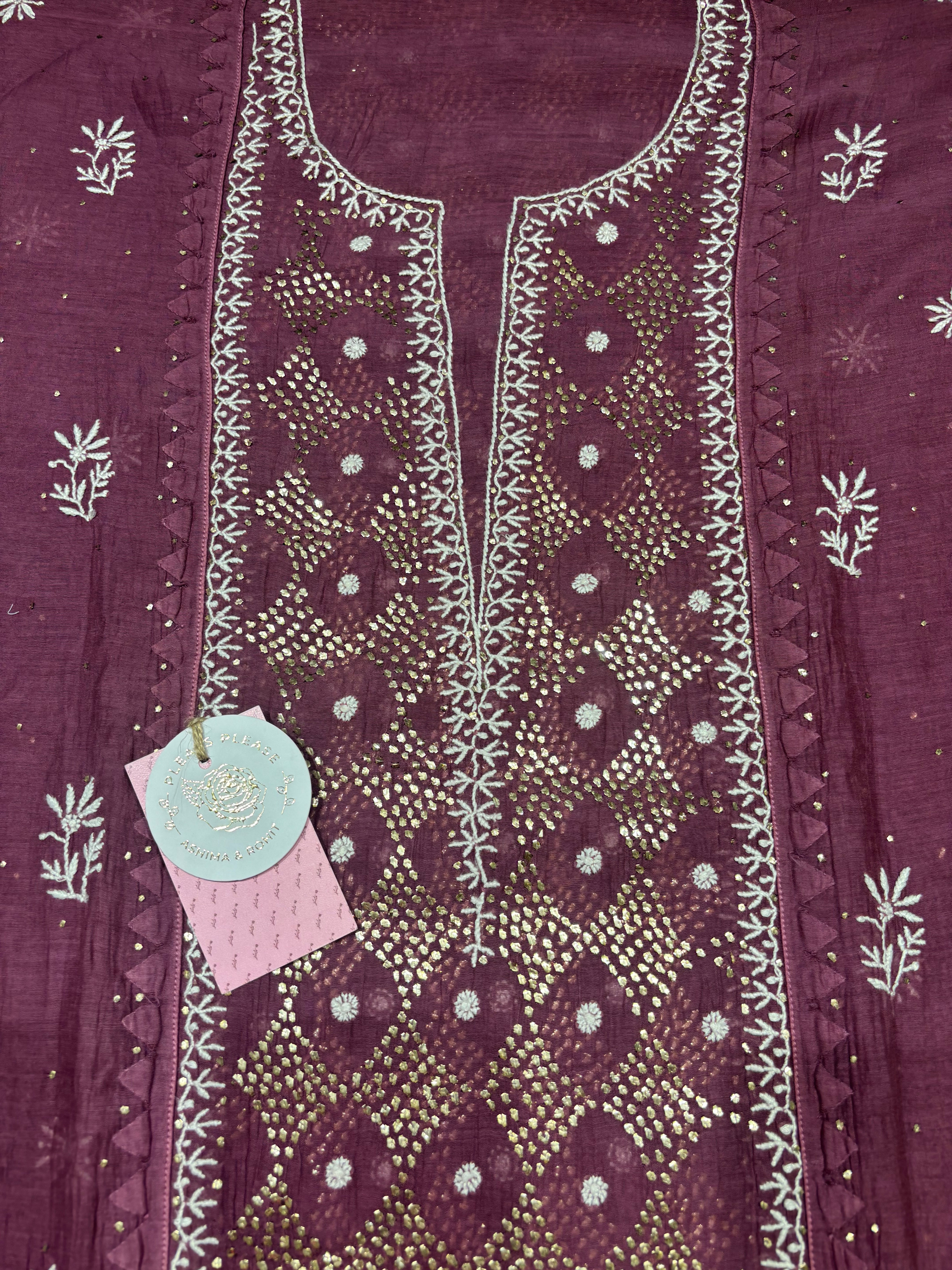 Aubergine Chanderi Mul Chikankari & Mukaish Kurta & Dupatta Set