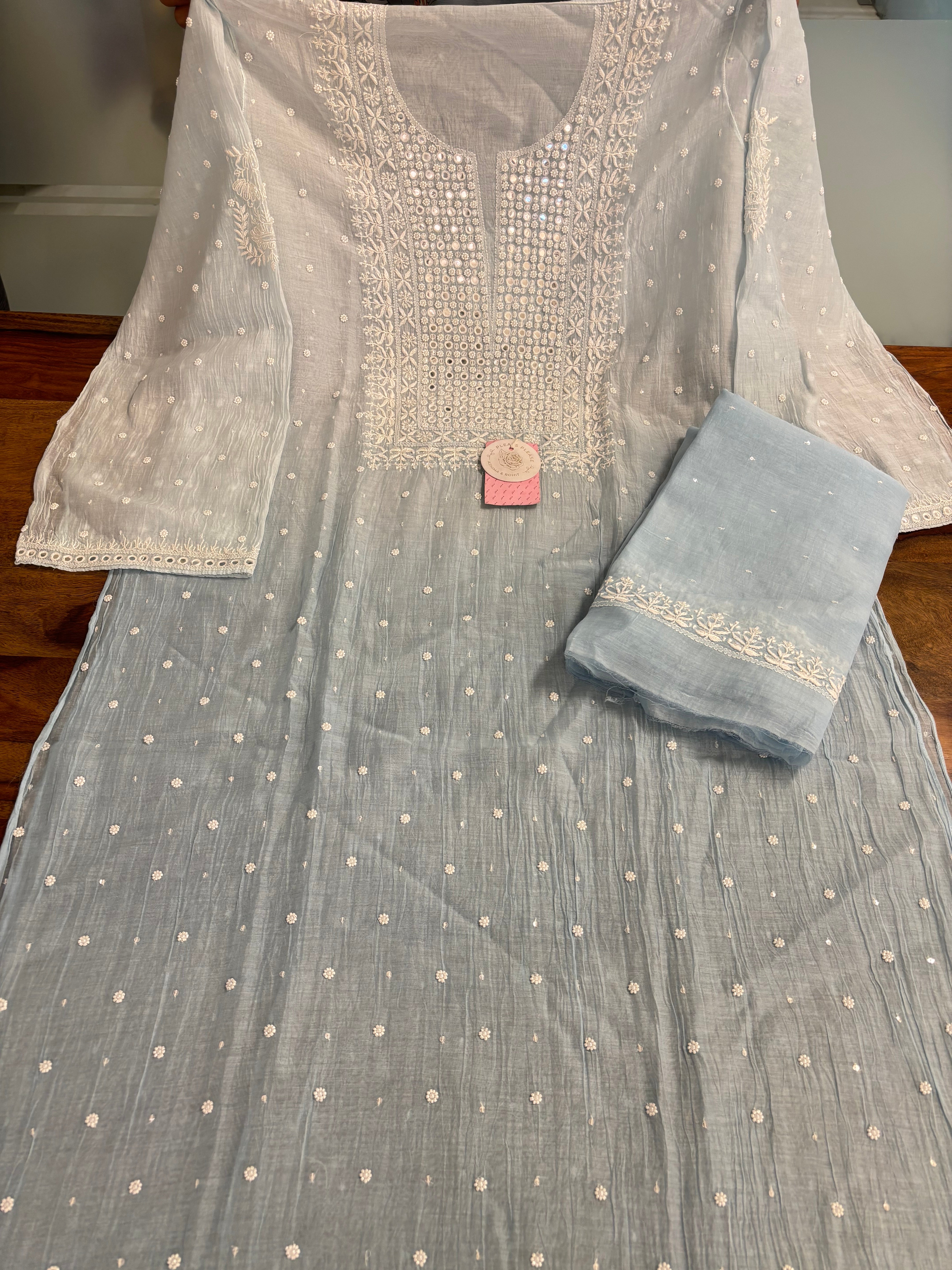 Pastel Blue Pure Chanderi Ombre Chikankari Kurta & Dupatta