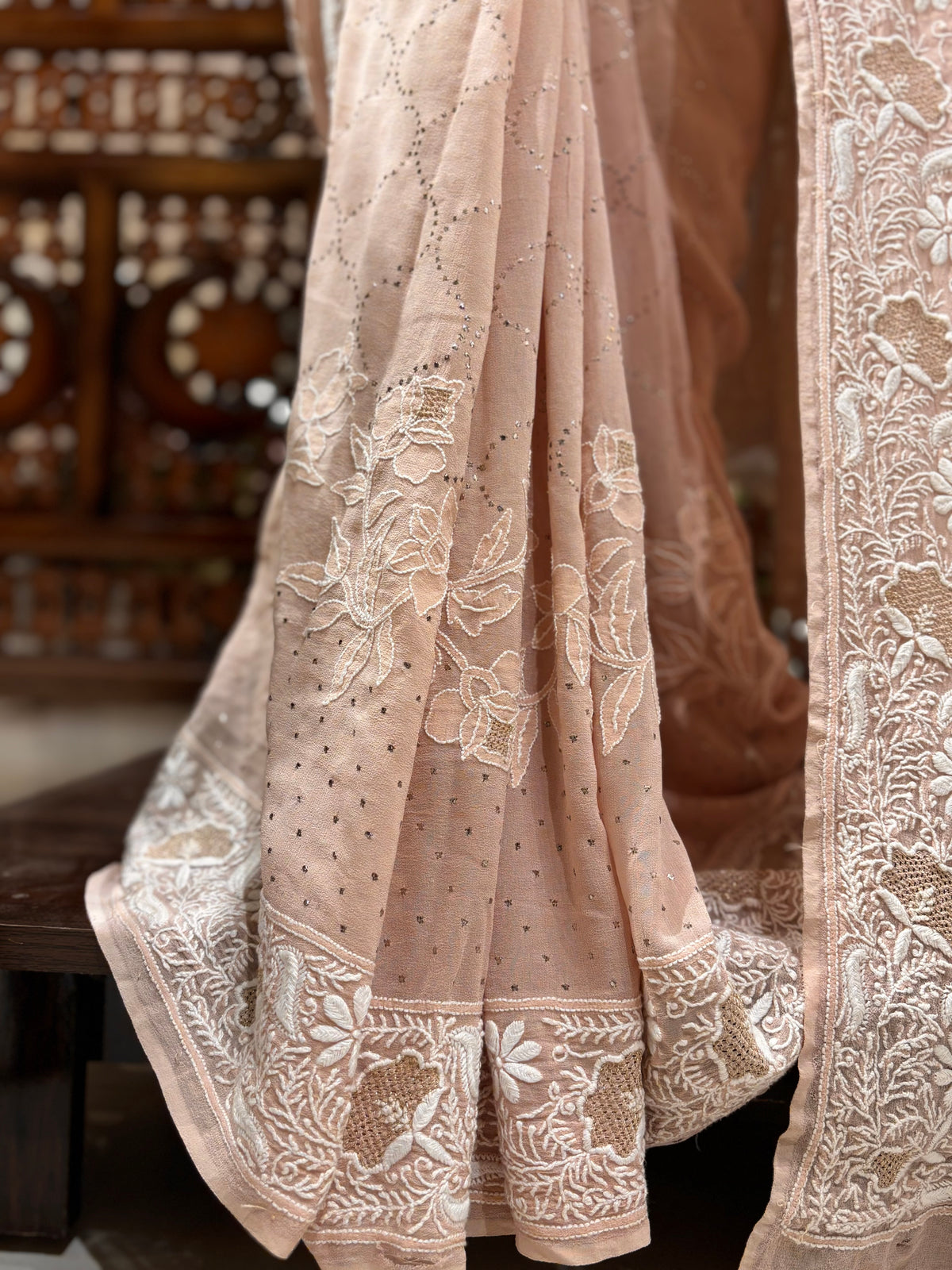 Soft Rose Ombré Pure & Premium Georgette Chikankari Mukaish Saree