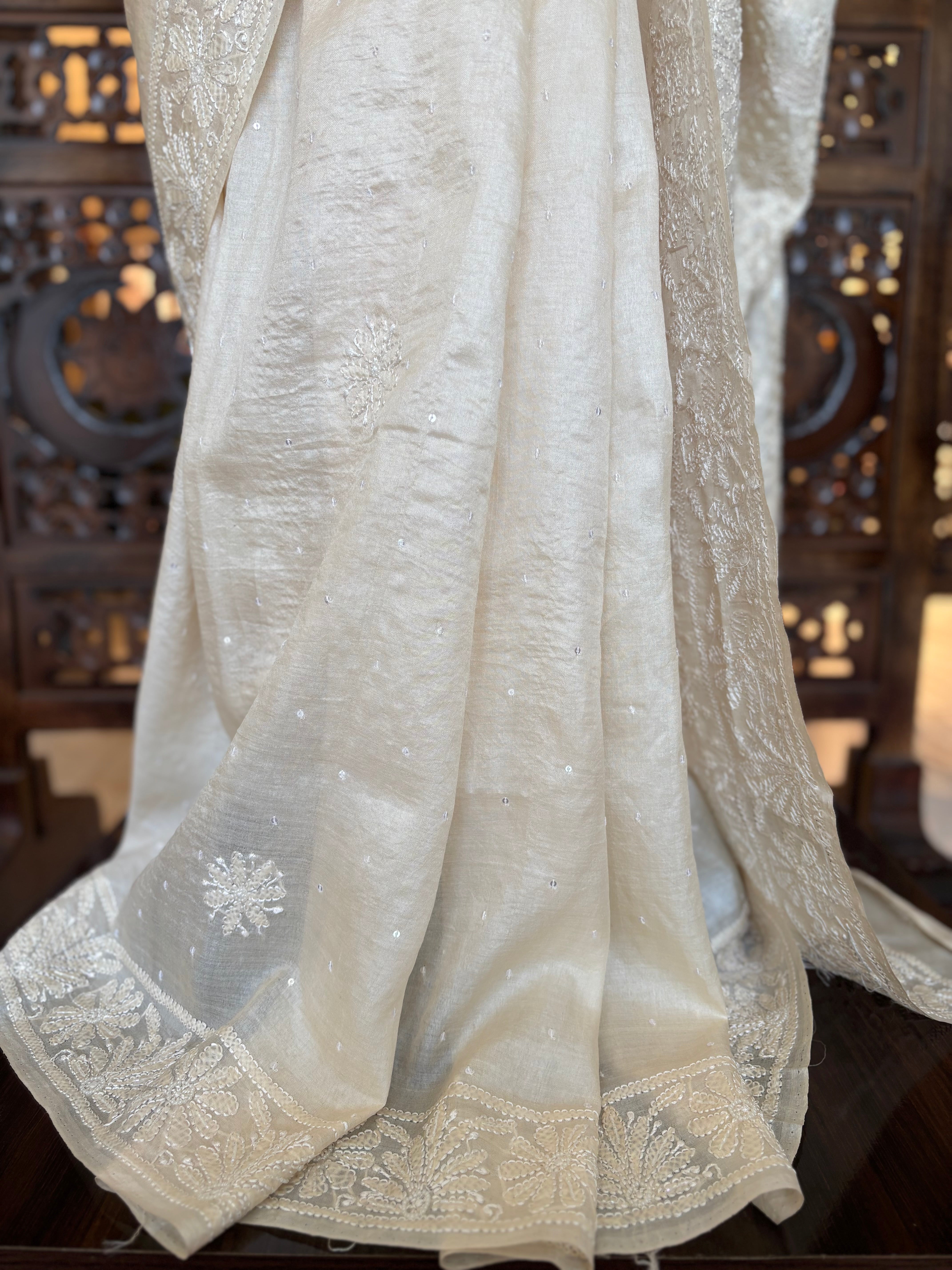 Dyeable Pure & Premium White Tussar Silk Chikankari Saree & Blouse
