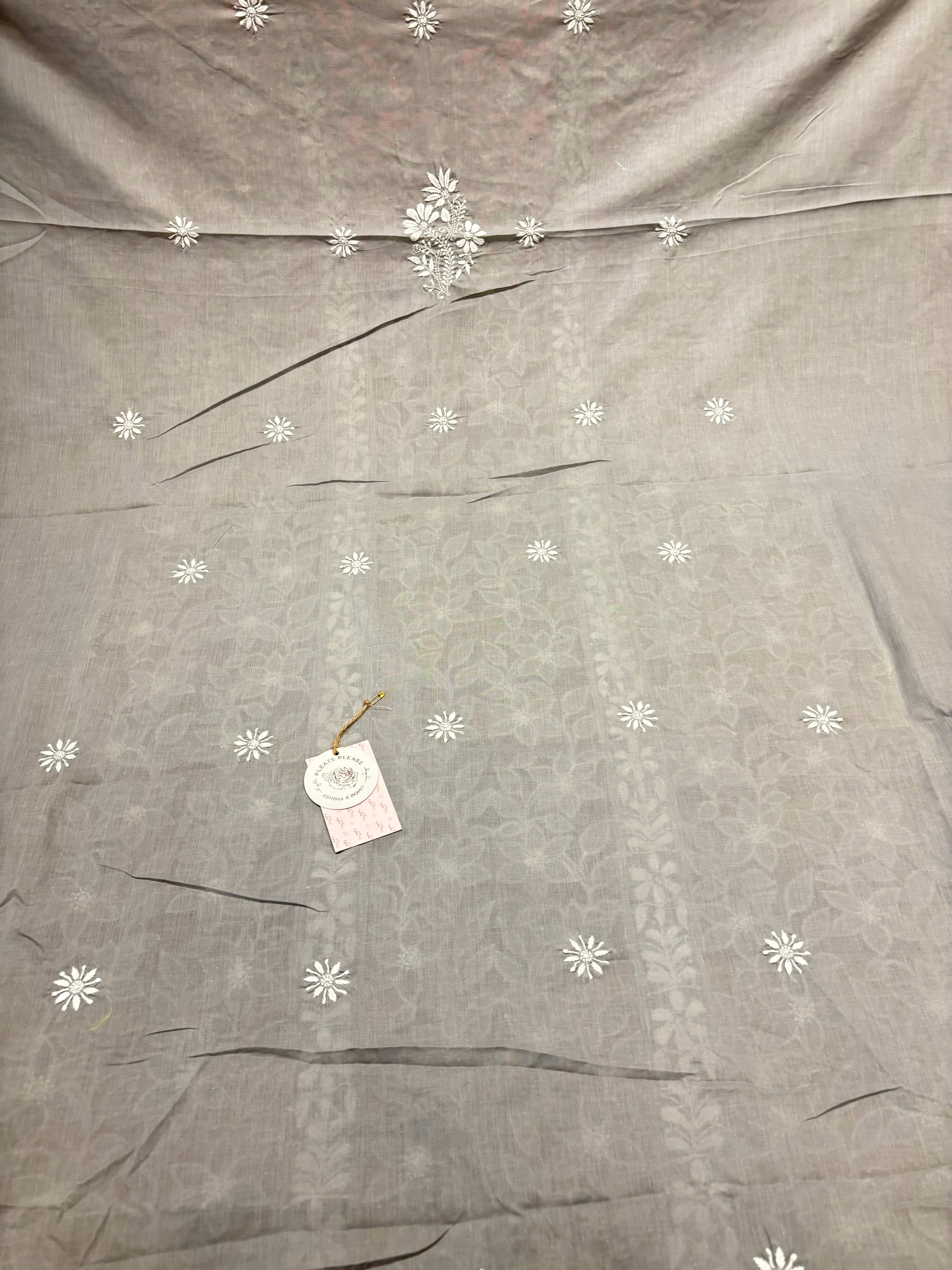 Gray Mul Soft Net Applique Chikankari Kurta and Dupatta Fabric