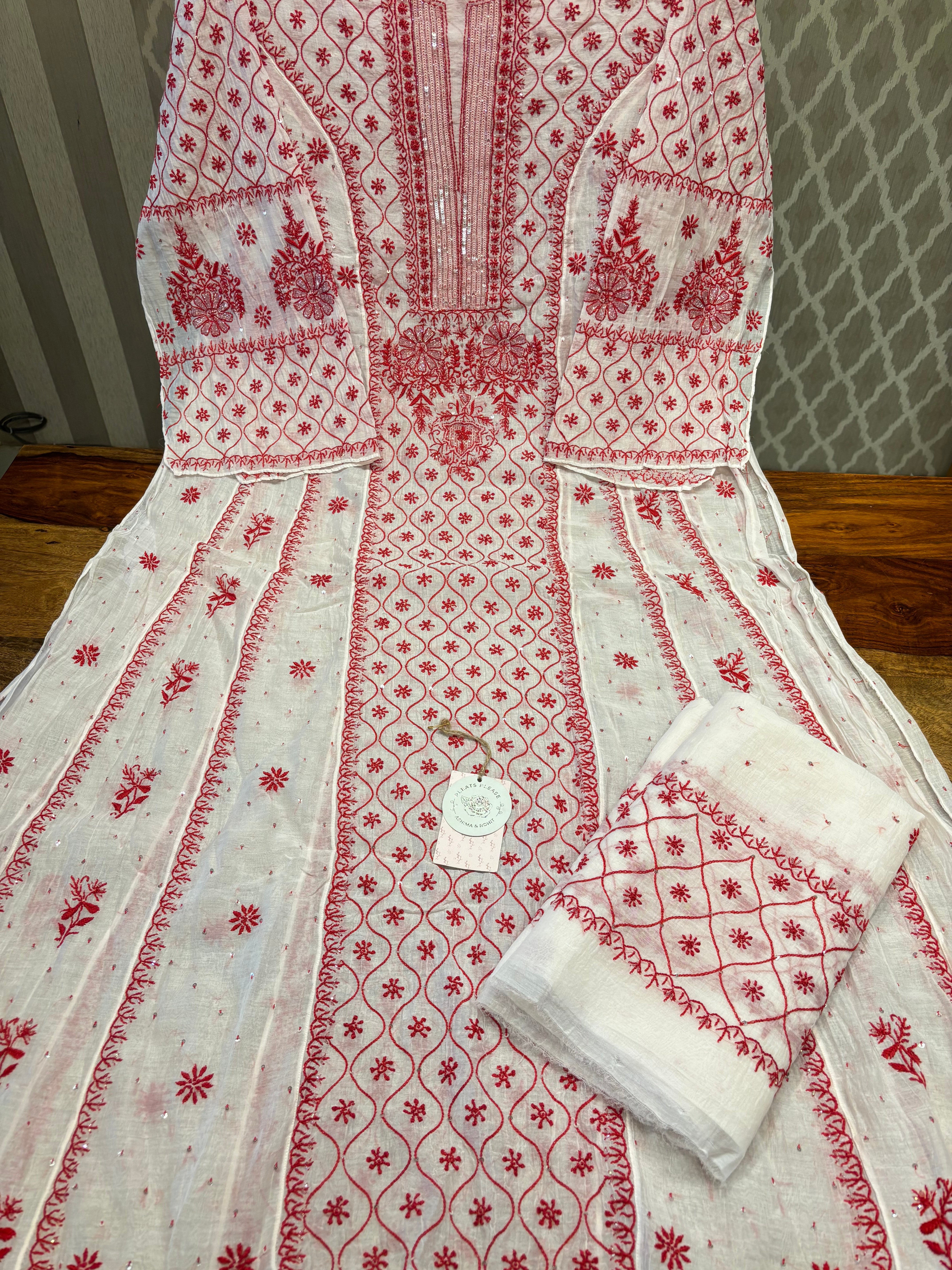 Dyeable  chanderi mul Chikankari  Anarkali and Dupatta set