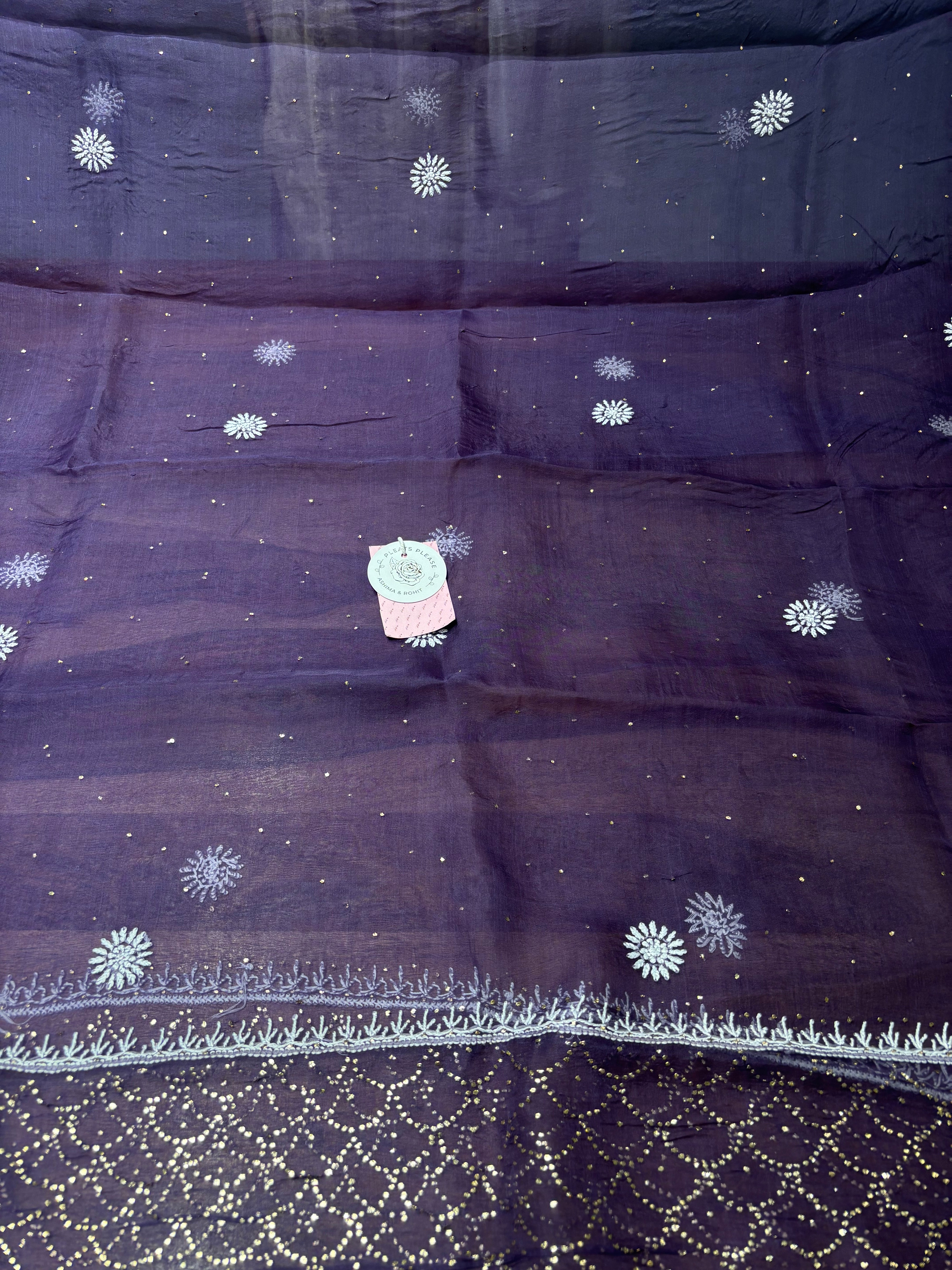 Deep Plum Pure Organza Silk Mukaish & Chikankari Anarkali & Dupatta