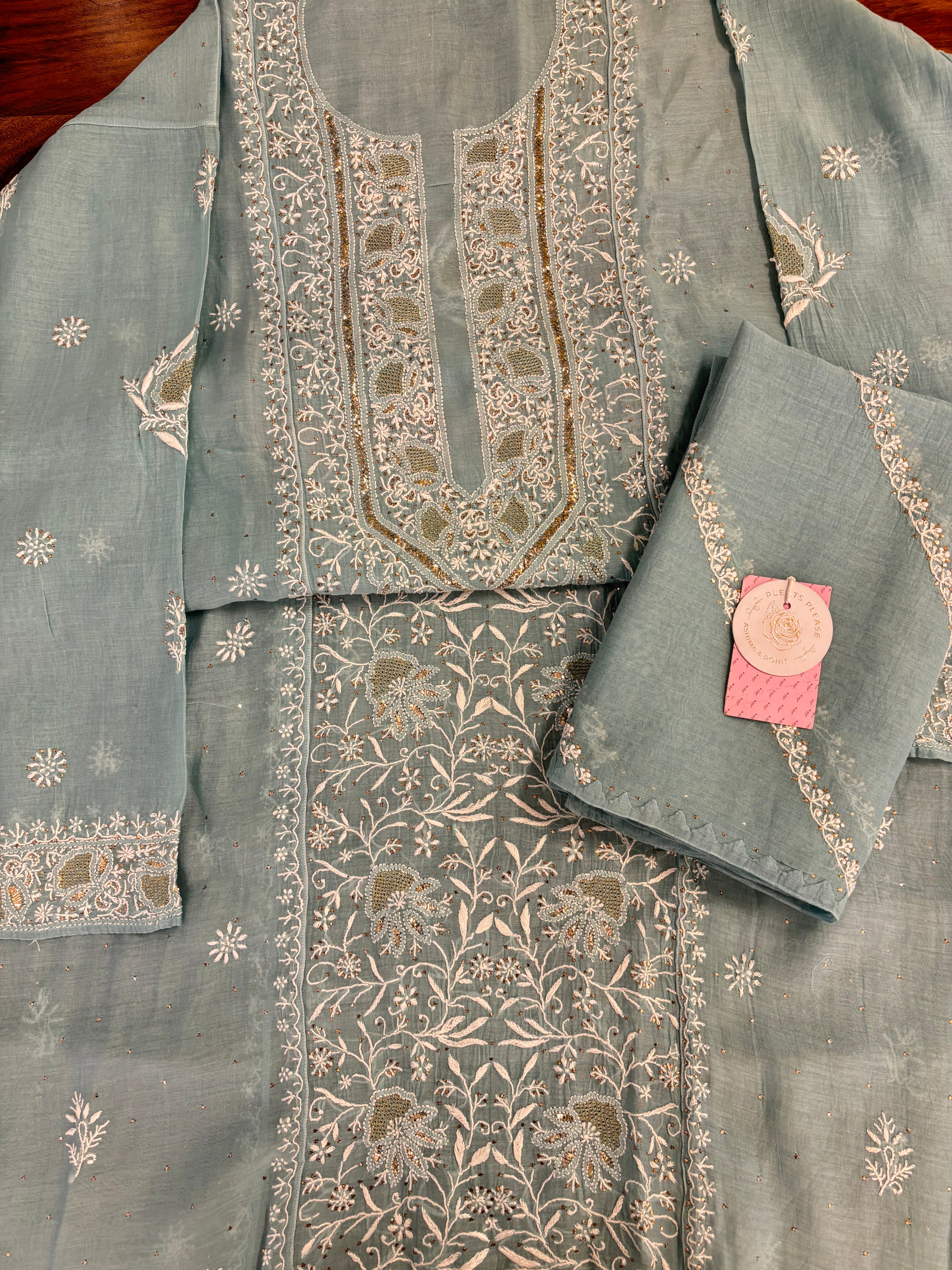 Aqua Blue Chanderi Mul Mukaish & Chikankari Kurta & Dupatta