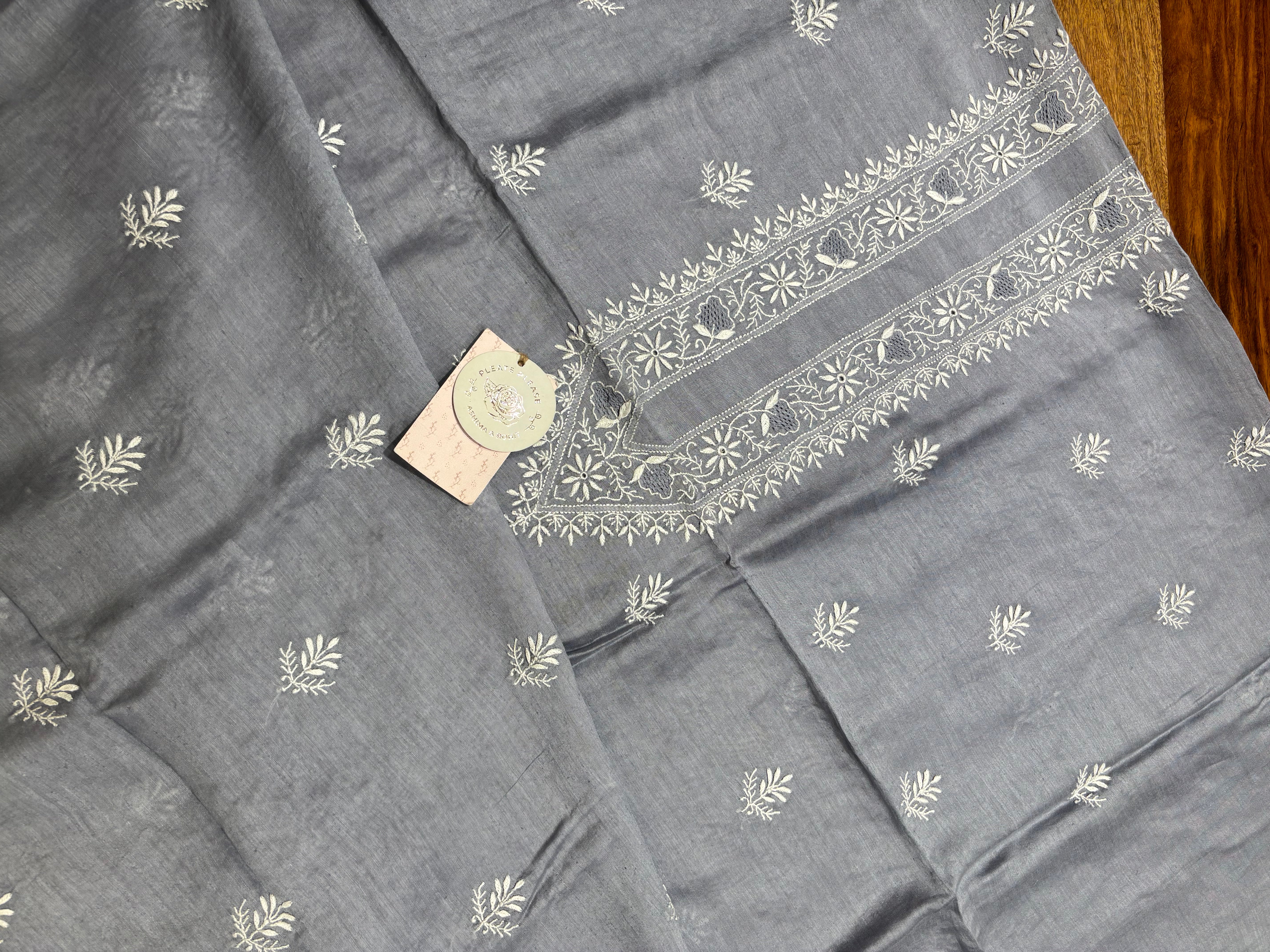 Greyish Blue Linen Chikankari Men’s Kurta Fabric