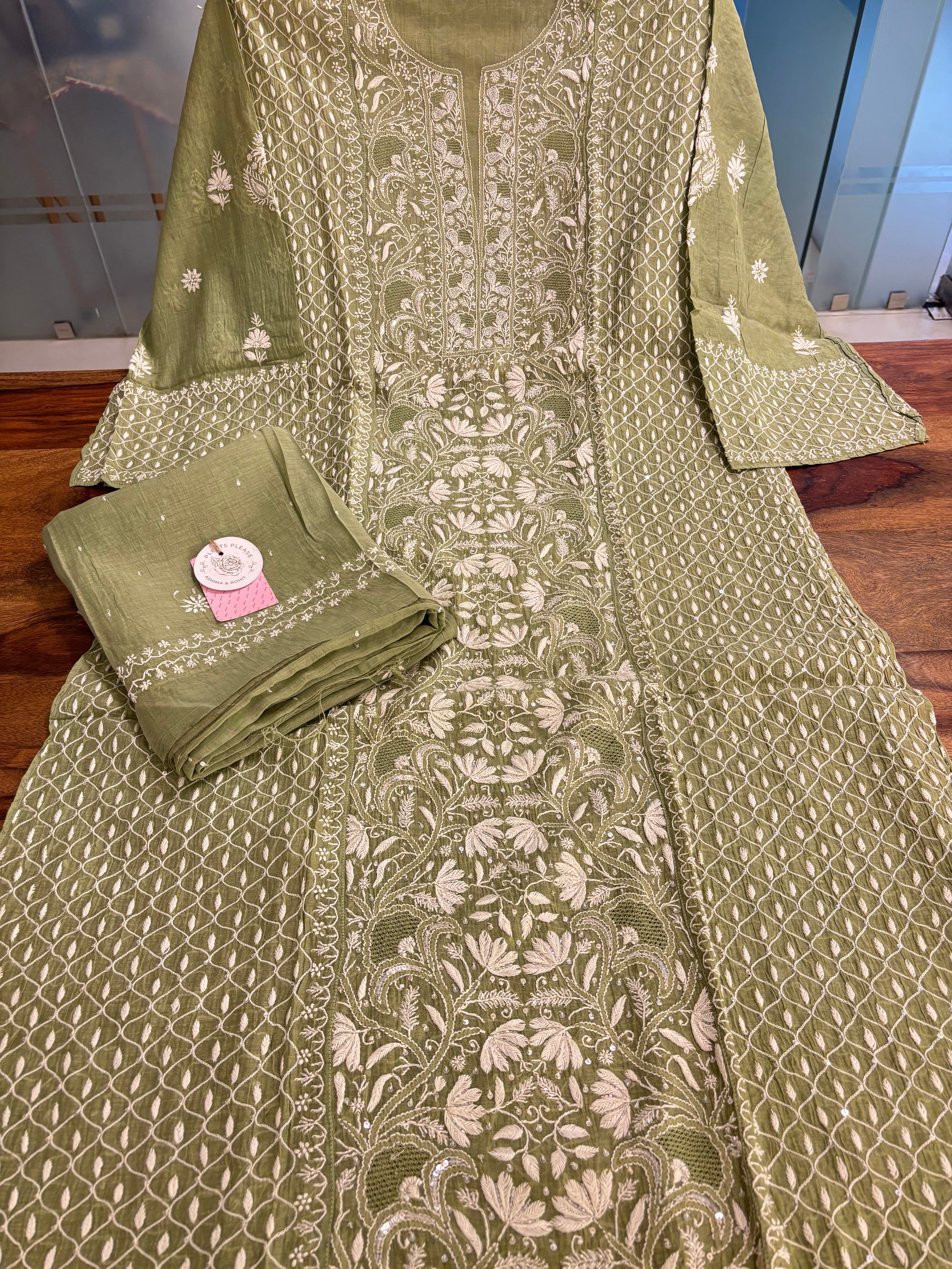 Green Chanderi Chikankari Kurta & Dupatta