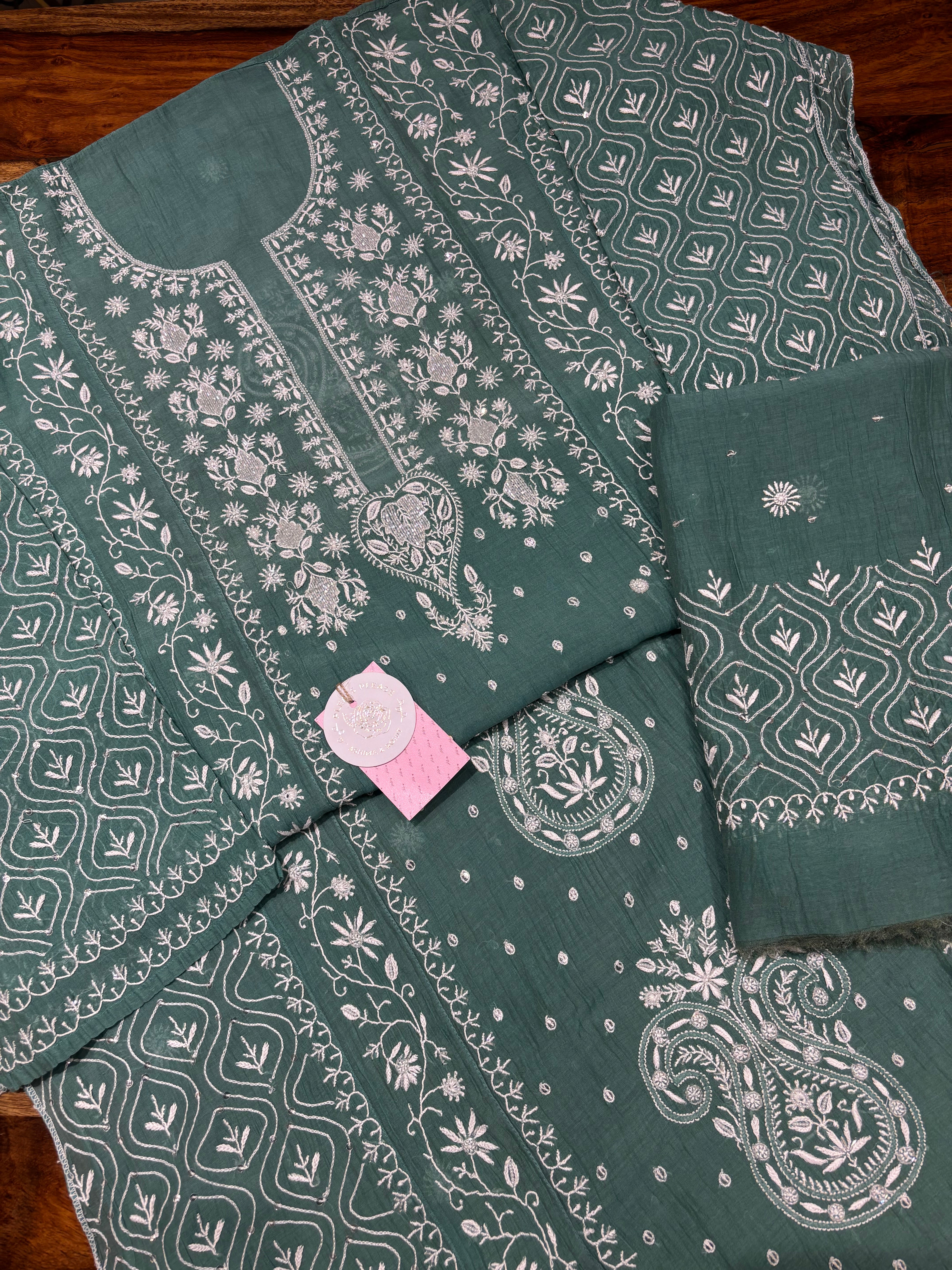 Clover Green Chanderi Mul Chikankari Kurta & Dupatta set