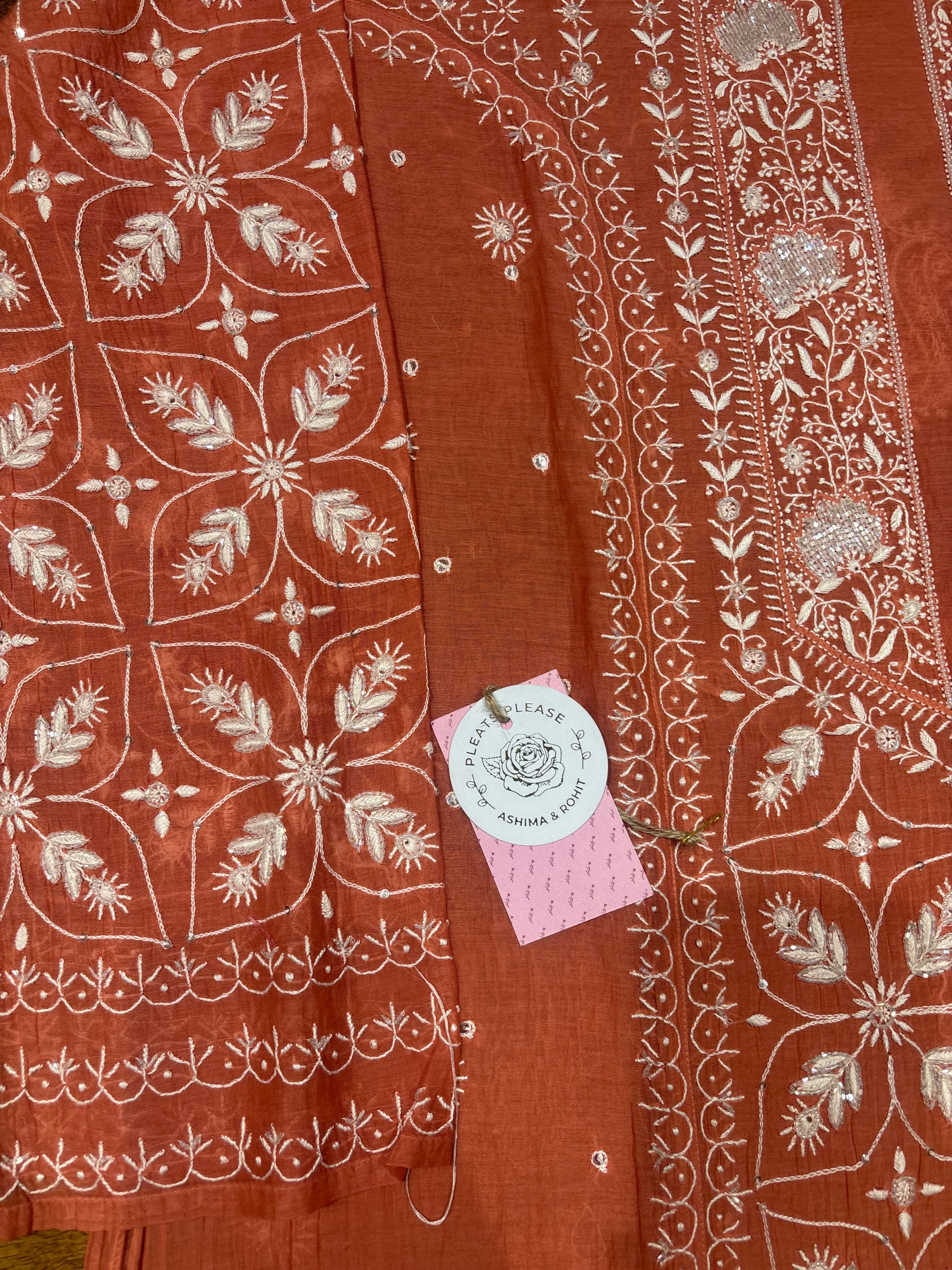 Coral Chanderi Mul Chikankari Kurta and Dupatta Set