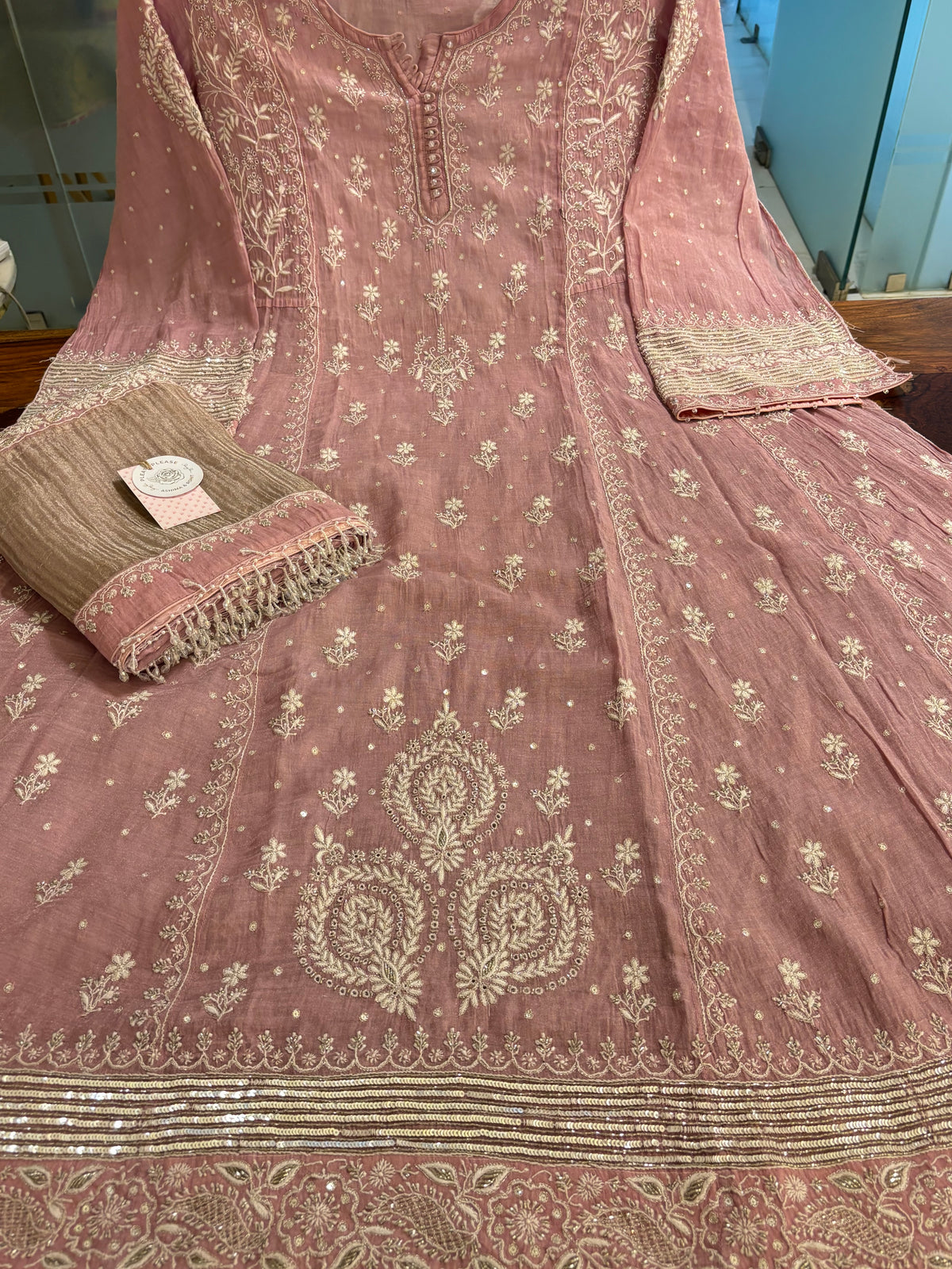 Pink Pure & Premium Tissue Chikankari Anarkali & Dupatta