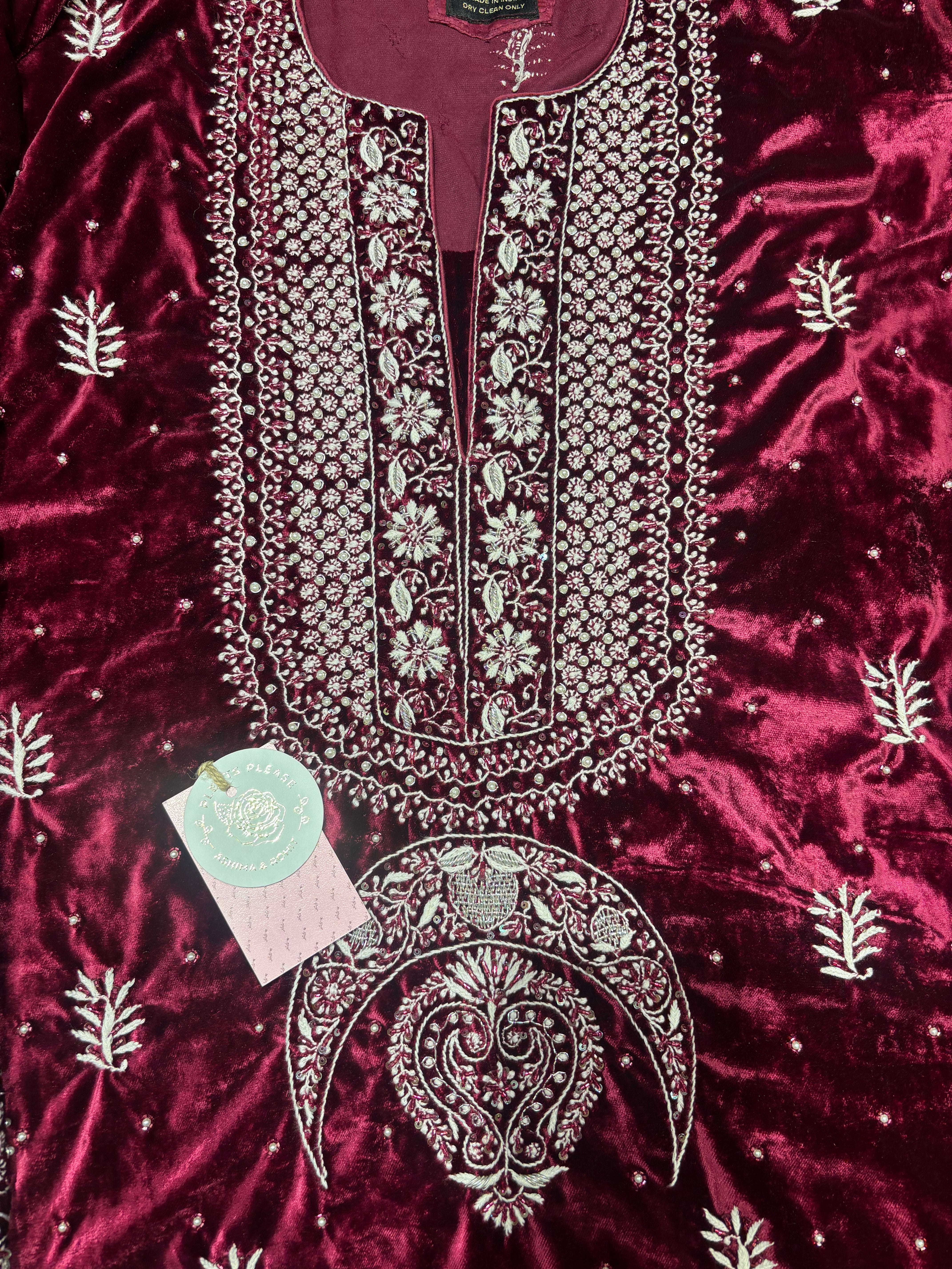 Plum Pure Velvet Chikankari Kurta And Dupatta Set