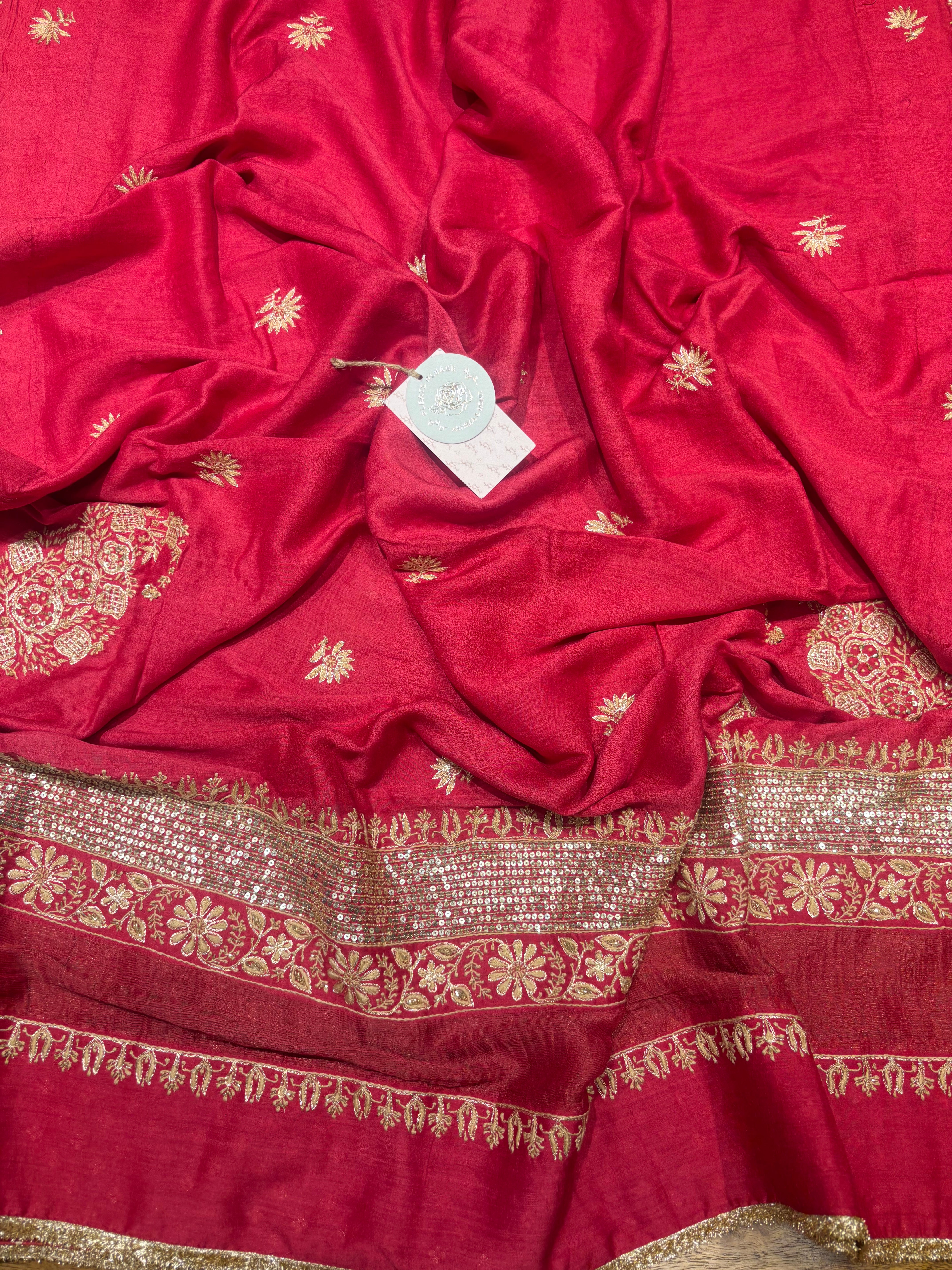 Red Monga Silk Chikankari A-line Anarkali & Dupatta Set
